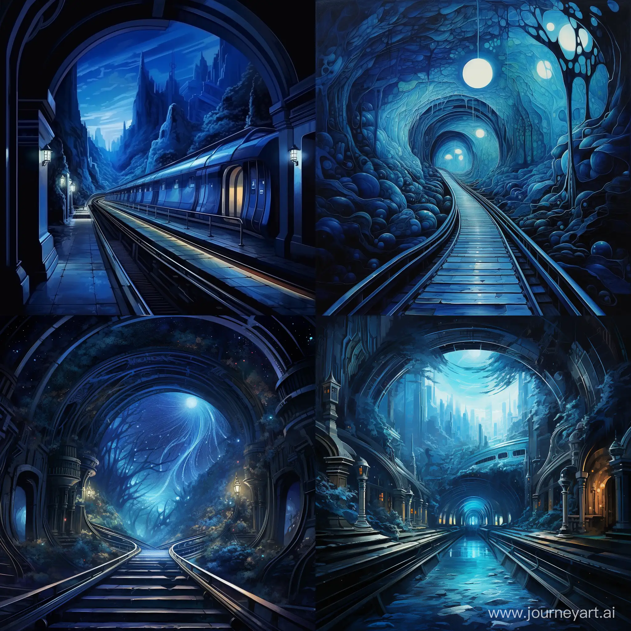 Столичное ночное, пустое  метро, одинокий поезд в окружённый синим сиянием въезжает в туннельный портал. высокохудожественный арт.