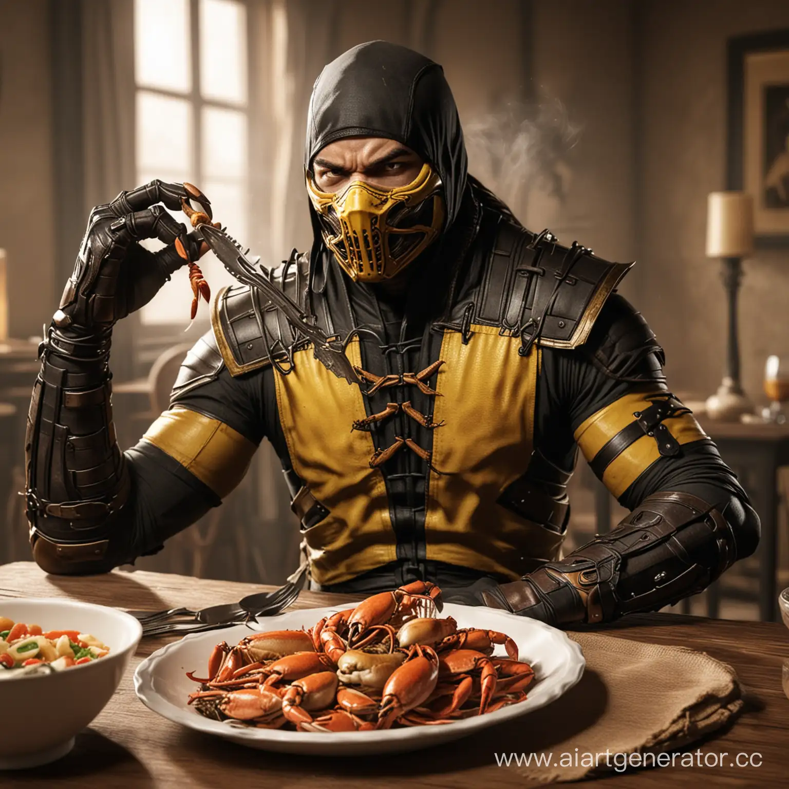 Скорпион из Мортал Комбат сидит за столом с вилкой и ложкой и ест блюдо из рака