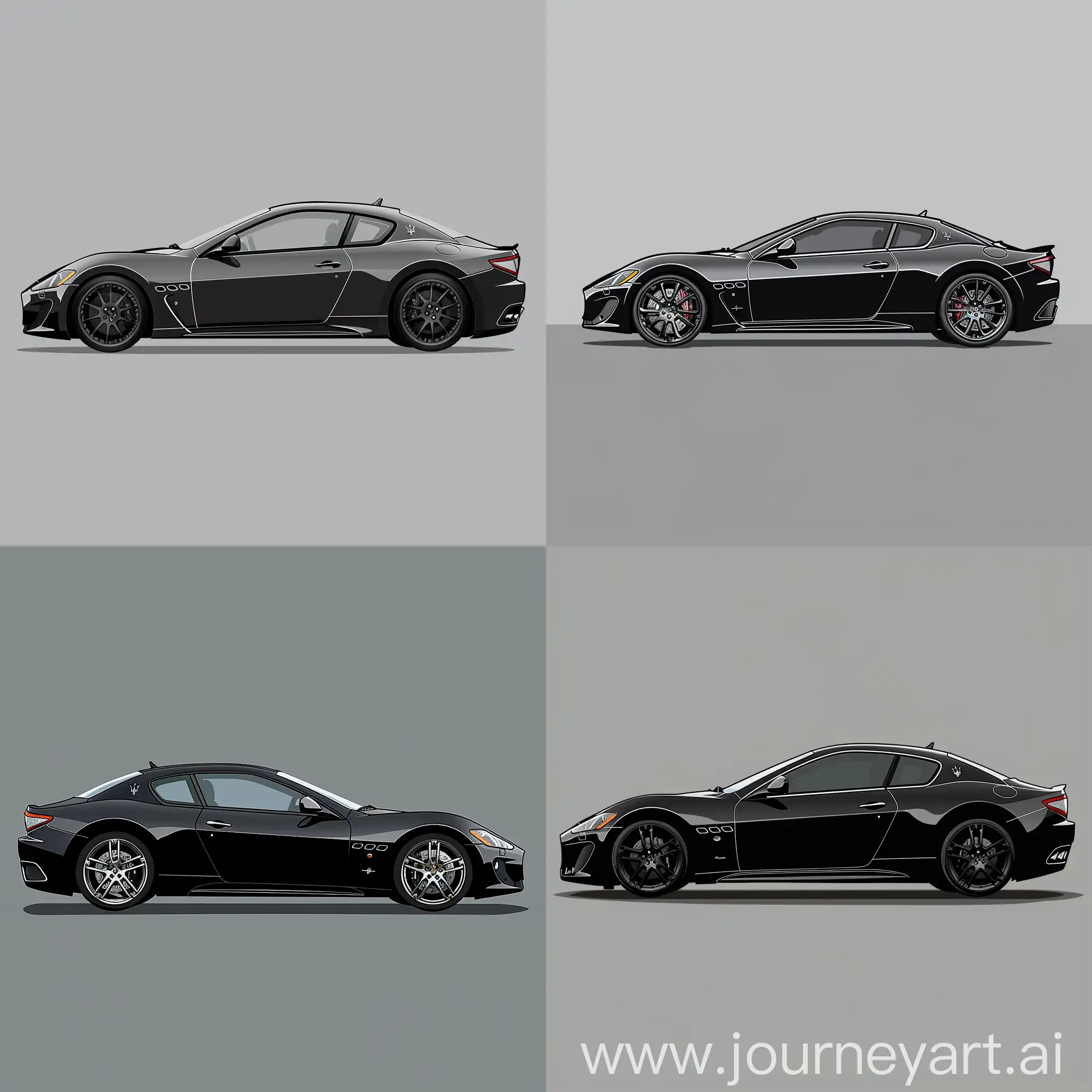 Minimalism 2D Car 2/3 View Illustration of: Black Maserati Granturismo, Gray Background, Adobe Illustrator Software, High Precision