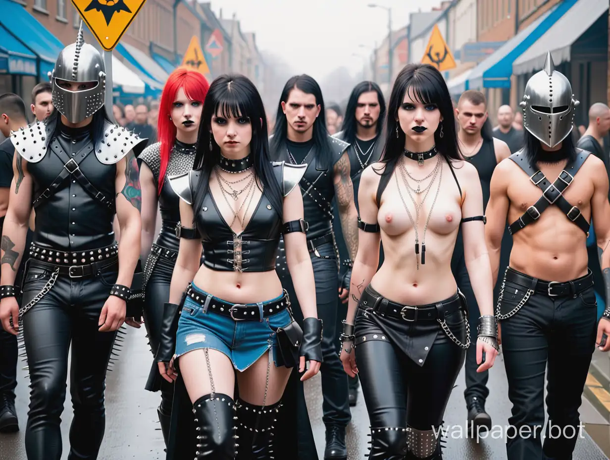 A riot of Metalheads  and  Punks and Goths and Rockers and Thrashers  and Crusties  with studded and spiked leather and denim accessories and spiked vambraces and chainmail hauberks, armour , BDSM gear and chains  rioting with poleaxes, halberds, billhooks