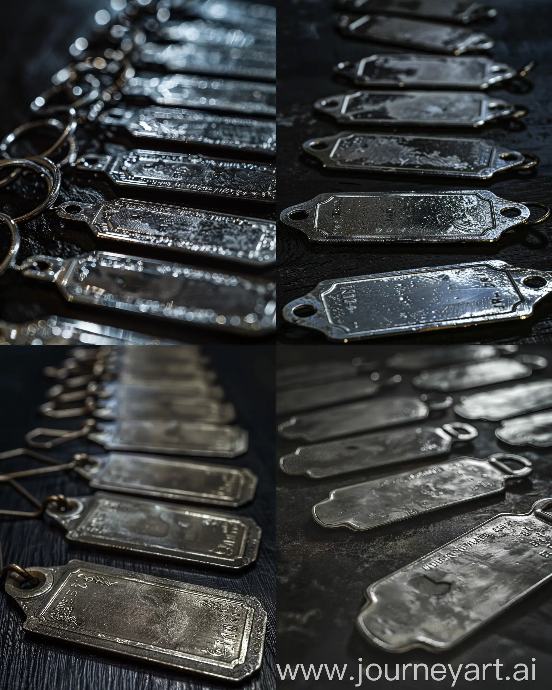 A detailed close-up of 10 World War II army identification tags, sharpness on the first 5 and blur on the 5 behind, clean background, sense of solitude, dark and shiny silver colors, sacrifice, honor --v 6 --ar 16:20 