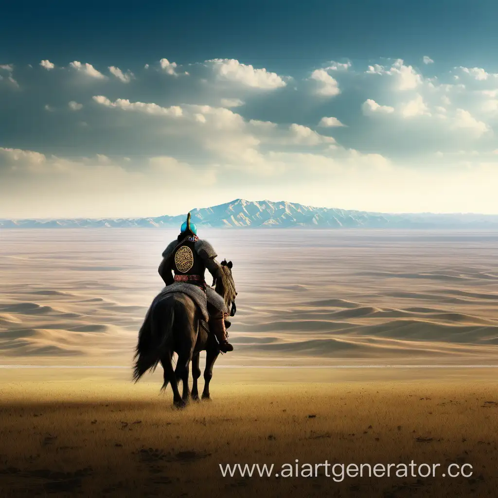 чингисхан стоит на горизонте и смотрит на безкрайнии степи казахстана