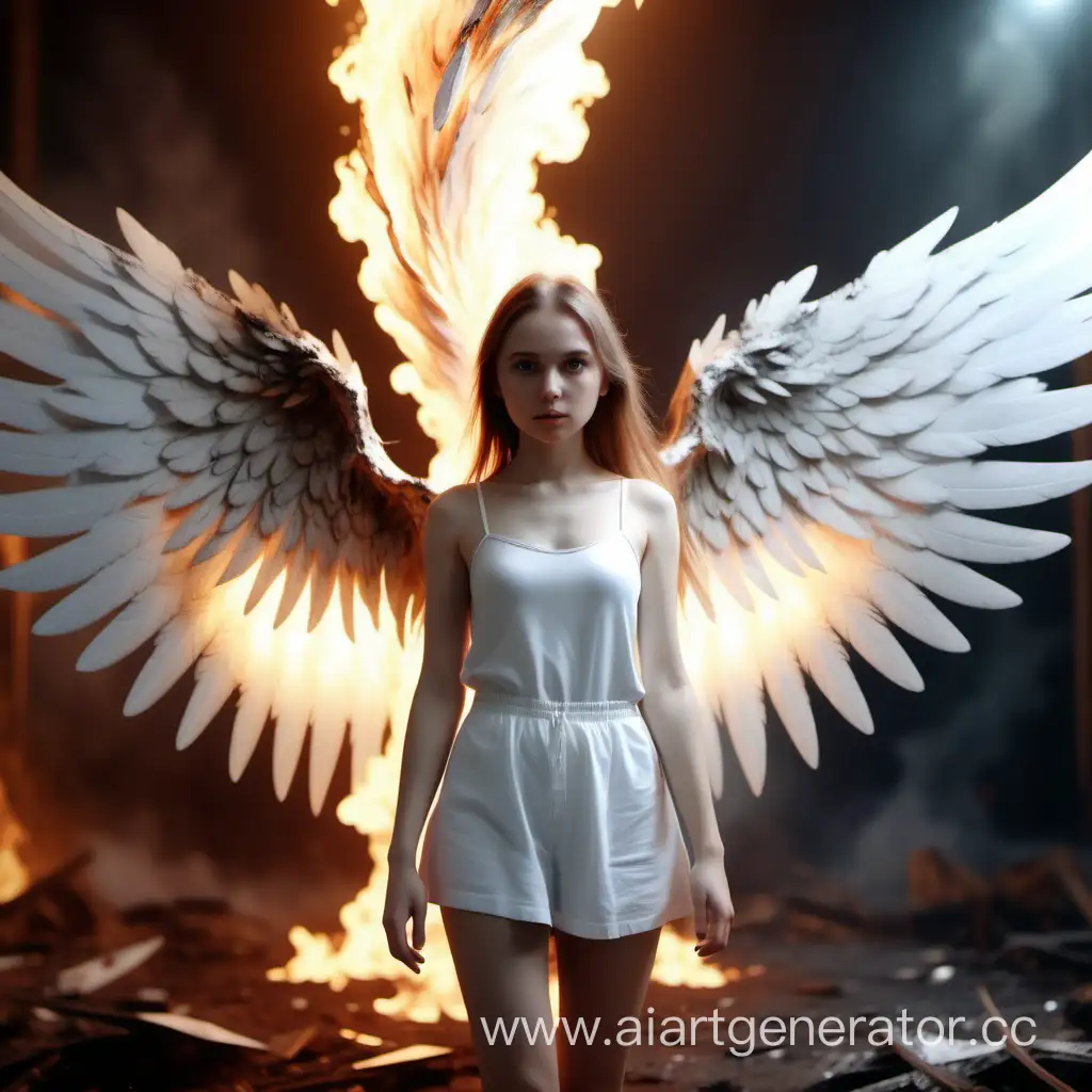 из огненного разлома в земле вылазит милая девочка с  гигантскими опавшими грязными белыми крыльями   , красиво, реалистично, профессиональное фото, 4k, яркое освещение