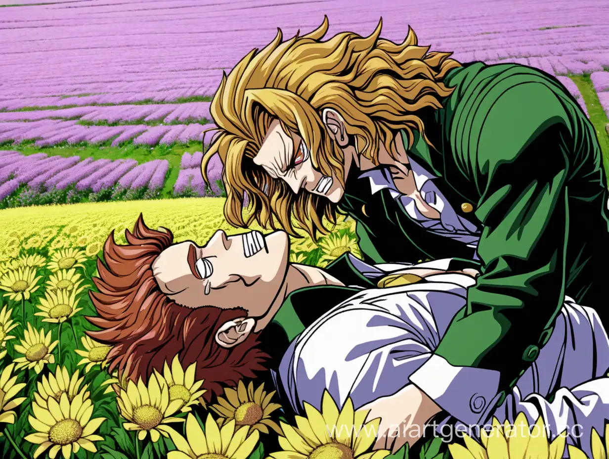 Kakyoin strangles Dio in a field of flowers
