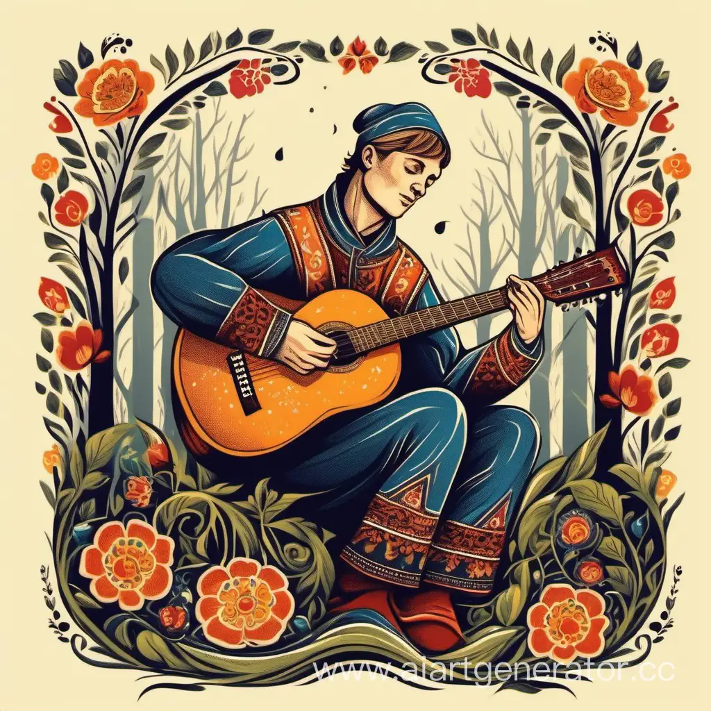 Молодой человек играет на гитаре в стиле русской народной сказки