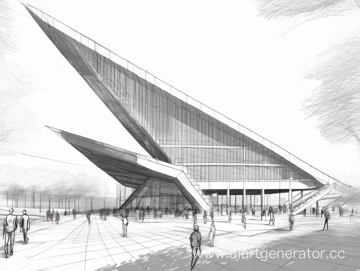 Сделай набросок как реальный человек карандашом, большое необычной треугольной  формы современное  здание общественного пространства на набережной ландшафтный дизайн