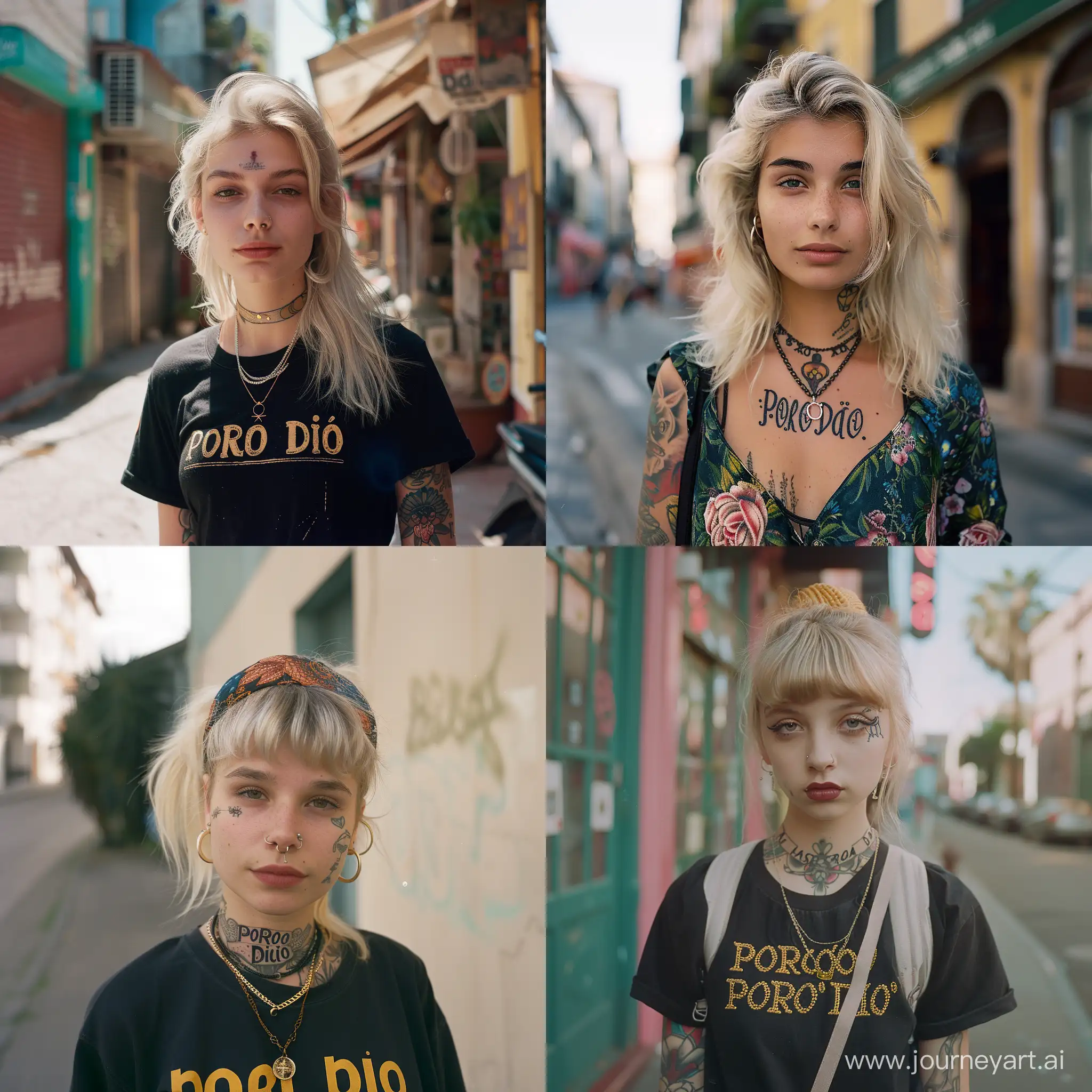 street photography, a young woman with blonde hair, with tattoo saying "porco dio", hippie fashion, captured by hasselblad X1D  --style raw