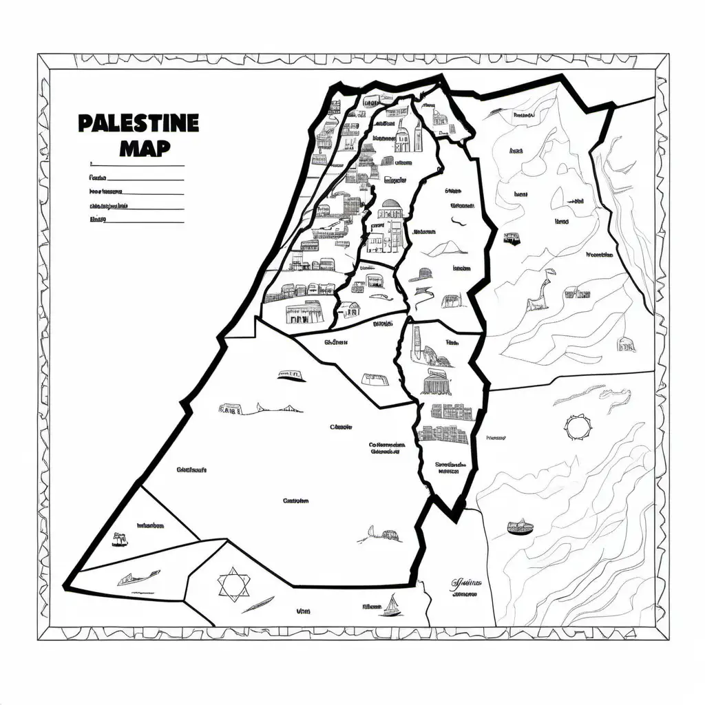 palestine map, Coloring Page, black and white, line art, white background, Simplicity, Ample White Space. The background of the coloring page is plain white to make it easy for young children to color within the lines. The outlines of all the subjects are easy to distinguish, making it simple for kids to color without too much difficulty