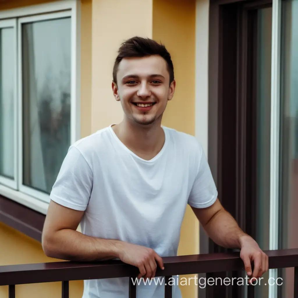 счастливый молодой брюнет человек  30 лет зовут Виктор стоит на балконе г Ростов