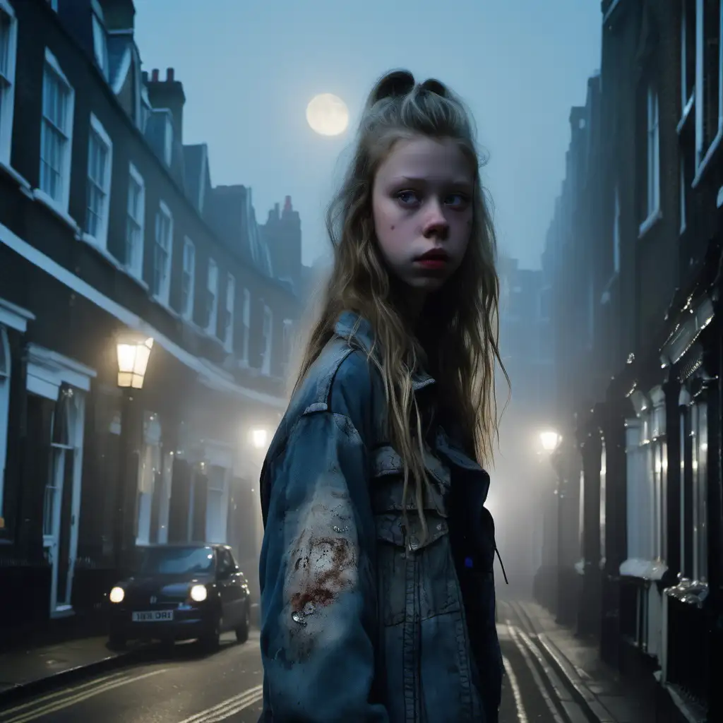 A 18 year old girl, dressed in a Junker Jacket, long blonde unkept hair, blue eyes,  cherub face,  looks like Mia Goth,  on a foggy, moonlit, deserted street in London,. 
