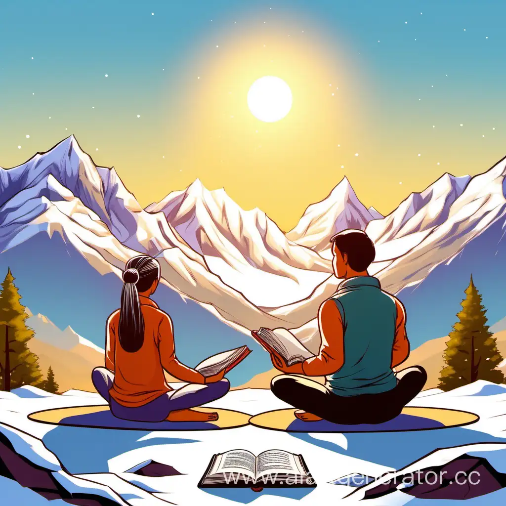 Serene-Meditation-Teacher-and-Student-Amidst-SnowCapped-Mountains