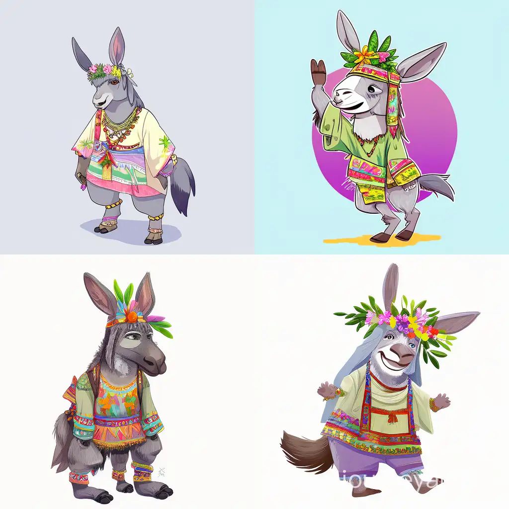Cheerful-Cartoon-Donkey-in-Colorful-Hippie-Attire-on-Clear-Background