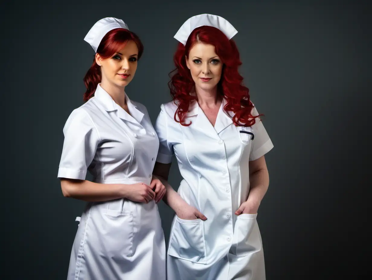 girl in long satin nurse uniforms and mothers red hair