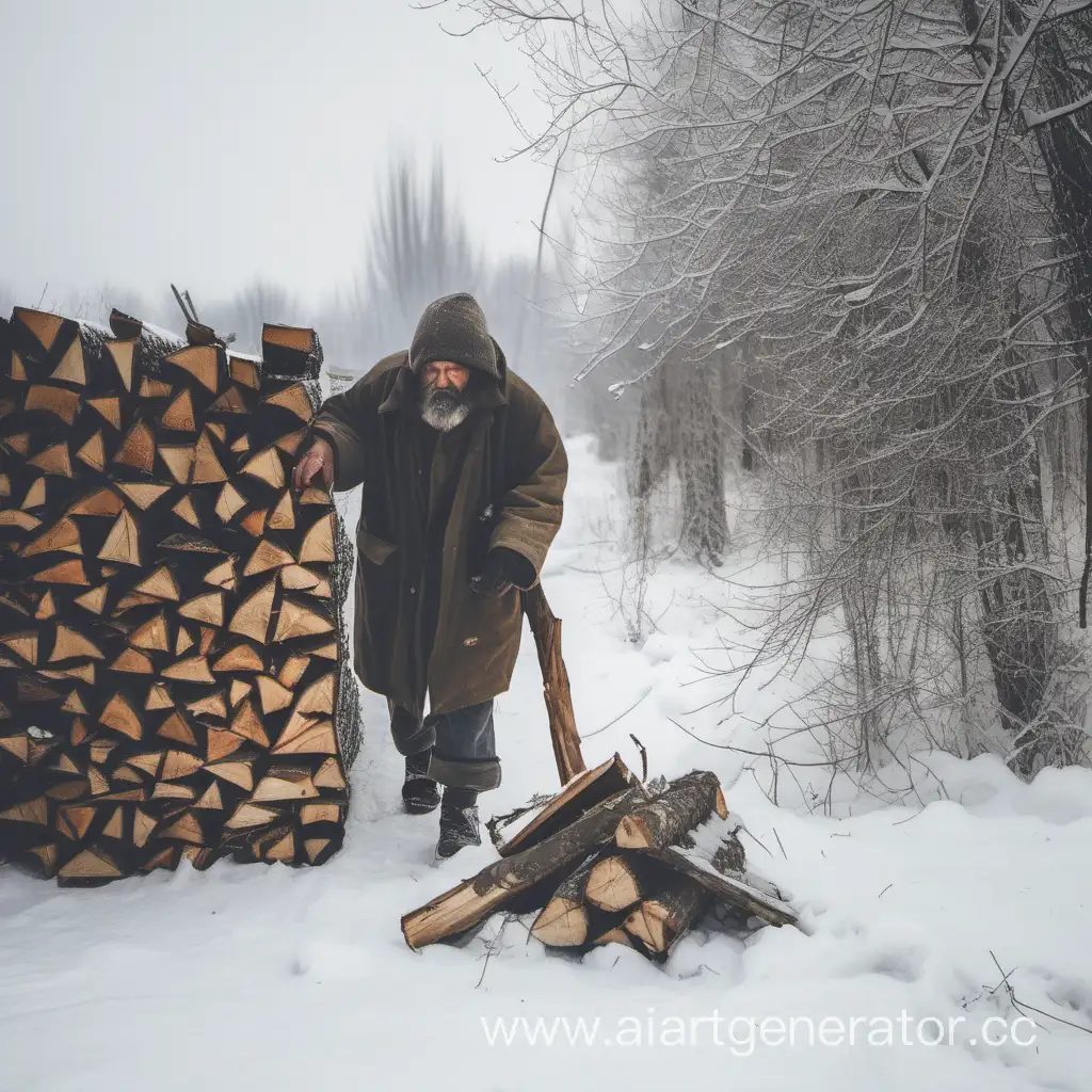 A homeless person sneaks to the firewood in the village in winter