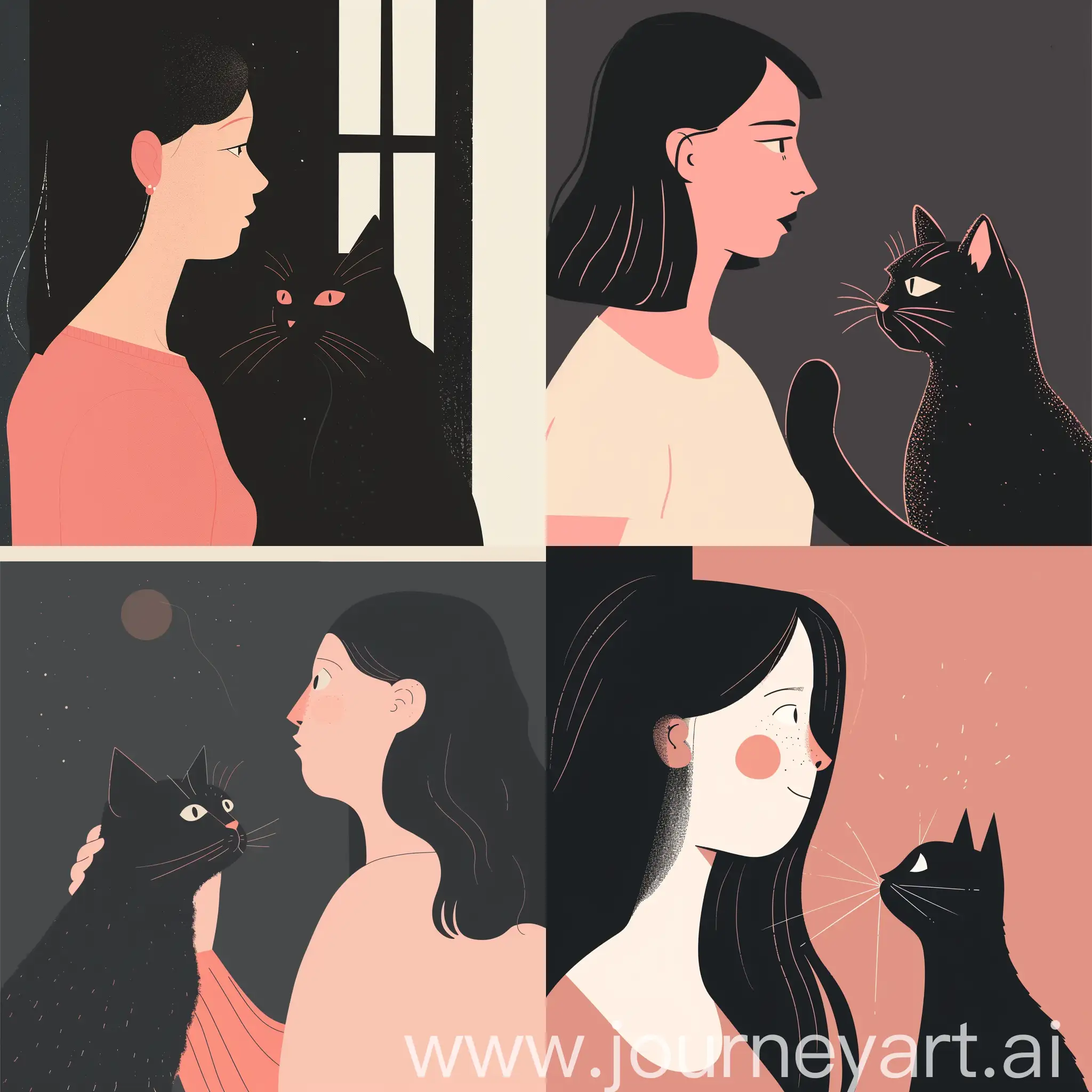 flat illustration of a woman looks at a black cat, in the style of dark white and pink, in high quality details