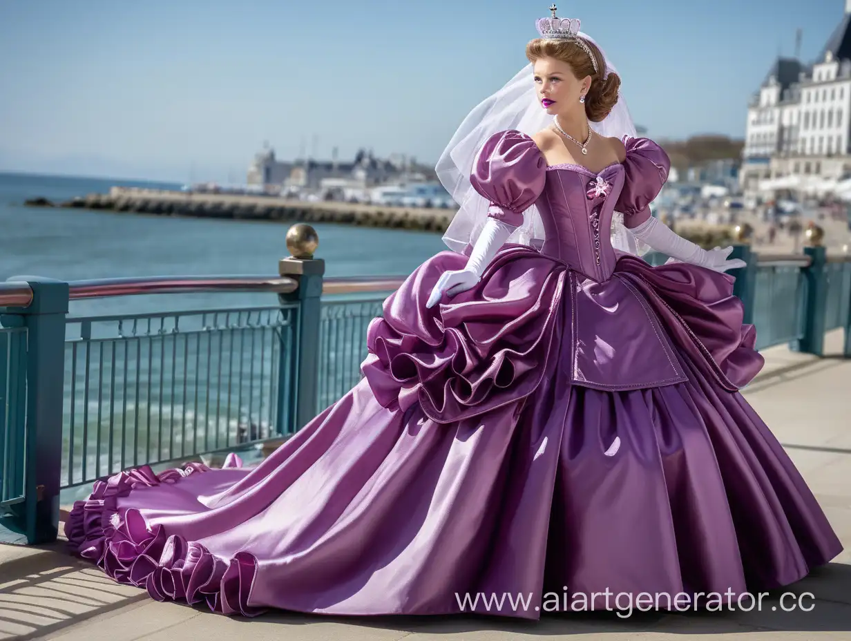 Luxurious-Queen-in-Shiny-Maroon-Dress-by-the-Sunny-Seaside