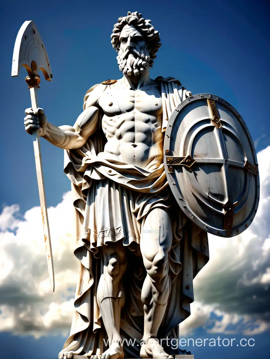стиль статути греческий бог безопасности и свободы, в руках щит, показать что отвечает за безопасность, реальное фото