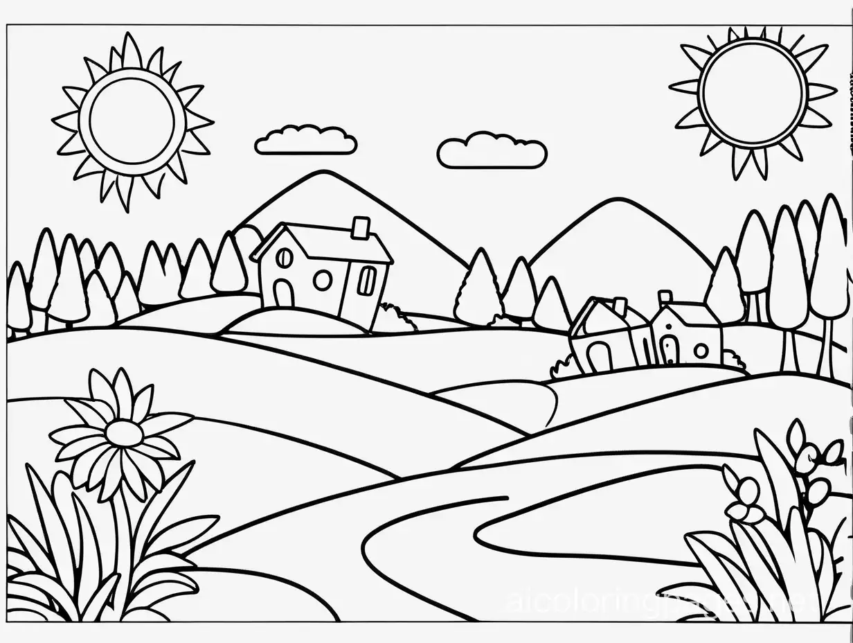 sunny day , Coloring Page, black and white, line art, white background, Simplicity, Ample White Space. The background of the coloring page is plain white to make it easy for young children to color within the lines. The outlines of all the subjects are easy to distinguish, making it simple for kids to color without too much difficulty