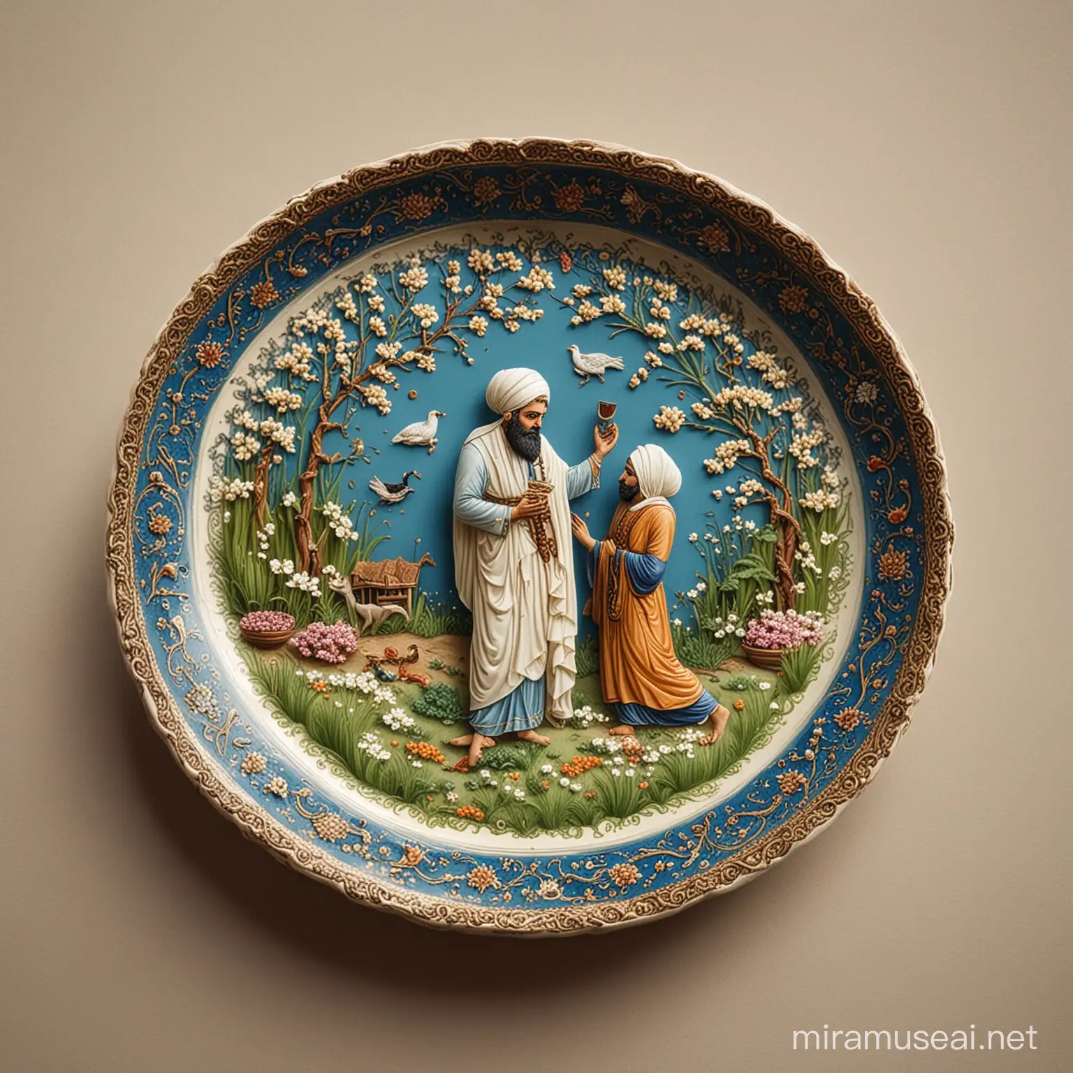 An Iranian myth in a miniature design holding a plate of rice