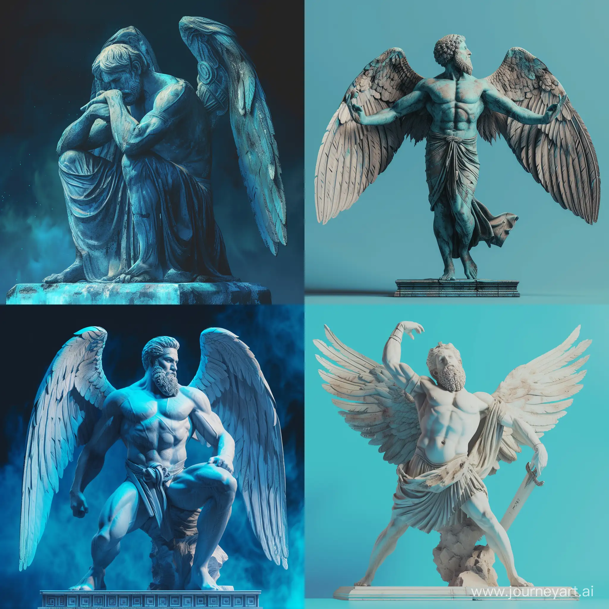 ancient statue with wings posing like Greek god, blue, concept art, background --v 6 --ar 1:1 --no 1753