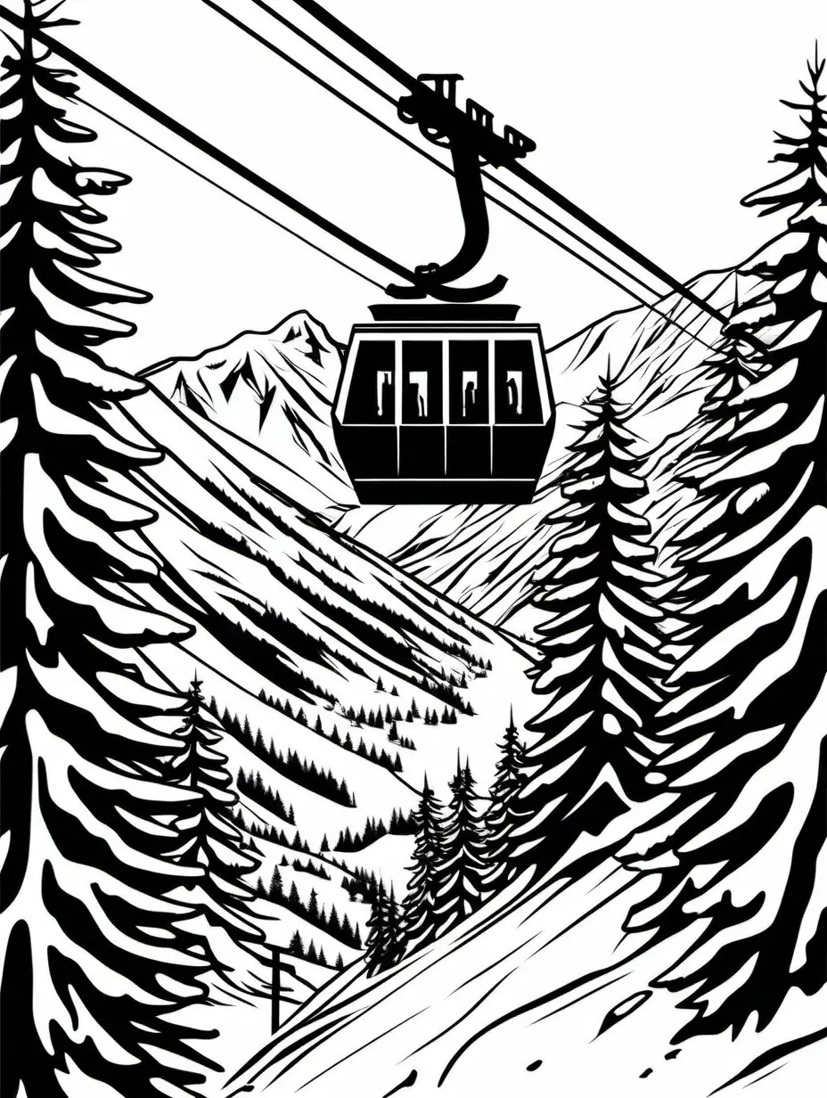 Snowy Mountain Cable Car Vector Illustration in Black and White