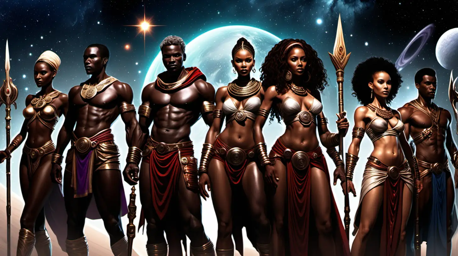 5 Diverse beings 2 men and 2 women from across galaxies rallying around Seraphina a young African women divine and human a united front, . please the characters  more warriors with more clothing