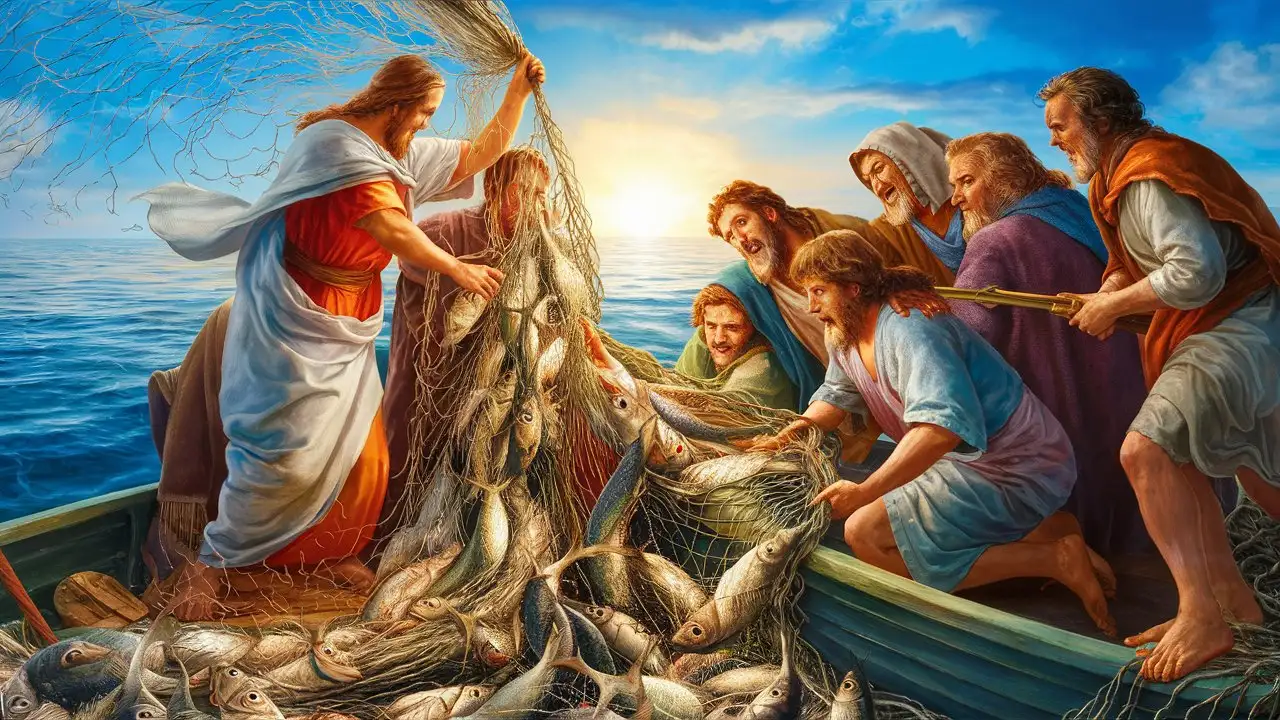 ultra 8k hd, Design an image capturing the moment of the miraculous catch of fish, with the disciples struggling to haul in the overflowing nets, their faces filled with astonishment and wonder.