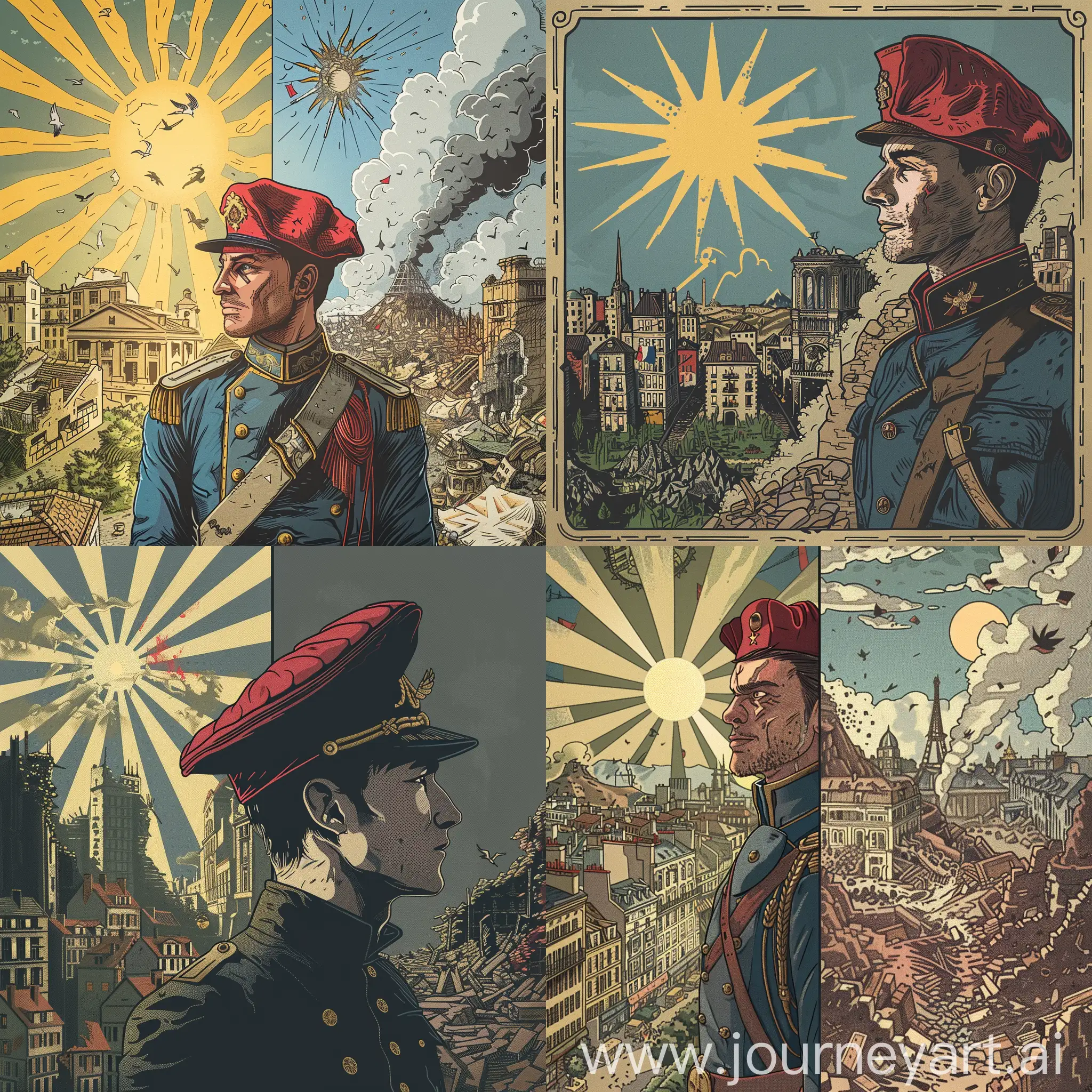 A man in a revolutionary French uniform with a red guerrilla beret. To his left is a happy city, fanned by the sun. To his right is a ruined city. Depict it in the style of 1939 and in color.
