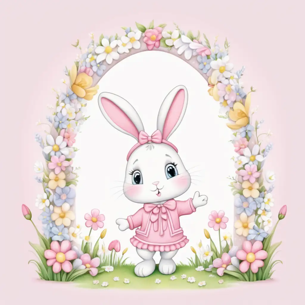 ARCH WITH SPRING FLOWERS, CARTOON,PASTEL, BABY GIRL BUNNY DRESSED UP IN PINK, white BACKGROUND