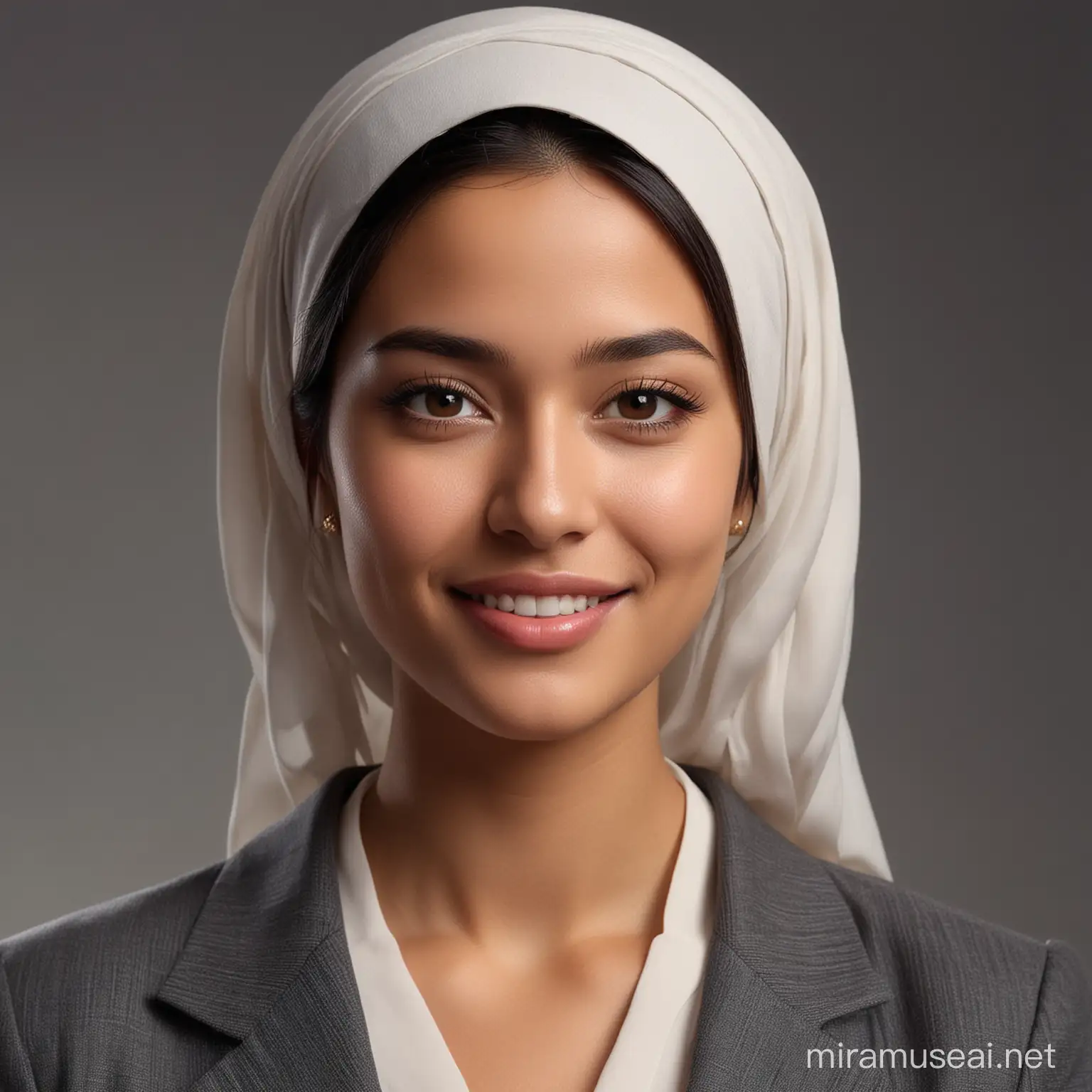 8K photorealistic Image of a young Malay woman with fair skin, wearing a Muslim Hijab covering all her hair. She has a slender face with high cheekbones and full lips. Her smiling eyes are large and expressive, with dark irises, framed by neatly shaped eyebrows. The woman is wearing a light-colored, probably white, button-up shirt underneath a tailored gray blazer. The blazer is well-fitted, accentuating her shoulders and waist. She wears minimal jewelry: a delicate necklace with what appears to be a small charm and simple hoop earrings. The lighting in the image is soft and diffused, creating a gentle glow on her face and a subtle interplay of light and shadow that gives her skin a luminous quality. Background is simple and dark, providing a contrast that highlights her silhouette. Her pose is relaxed yet confident, with one hand likely resting out of sight and her torso turned towards the camera. Her expression is serene and approachable, with a hint of a smile on her lips