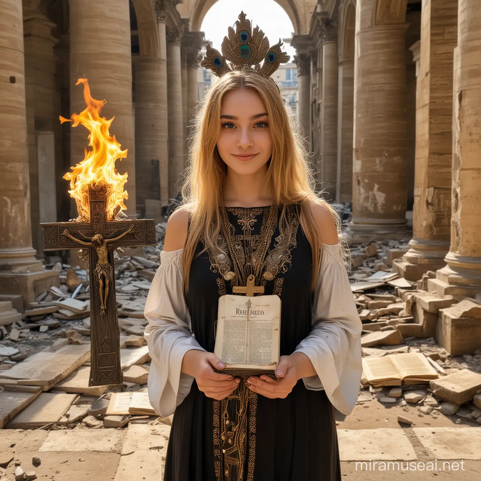 Diosa emperatriz hermosa adolescente de cabellos color miel vestida con  traje de emperatriz sacerdotisa dentro de las ruinas del  vaticano  sostiene una biblia que está en llamas, sonrisa diabólica, y de fondo un crucifijo gigantesco y un gigantesco pavo real en su hombro derecho y la palabra rebeca the omen escrita con letras de fuego 