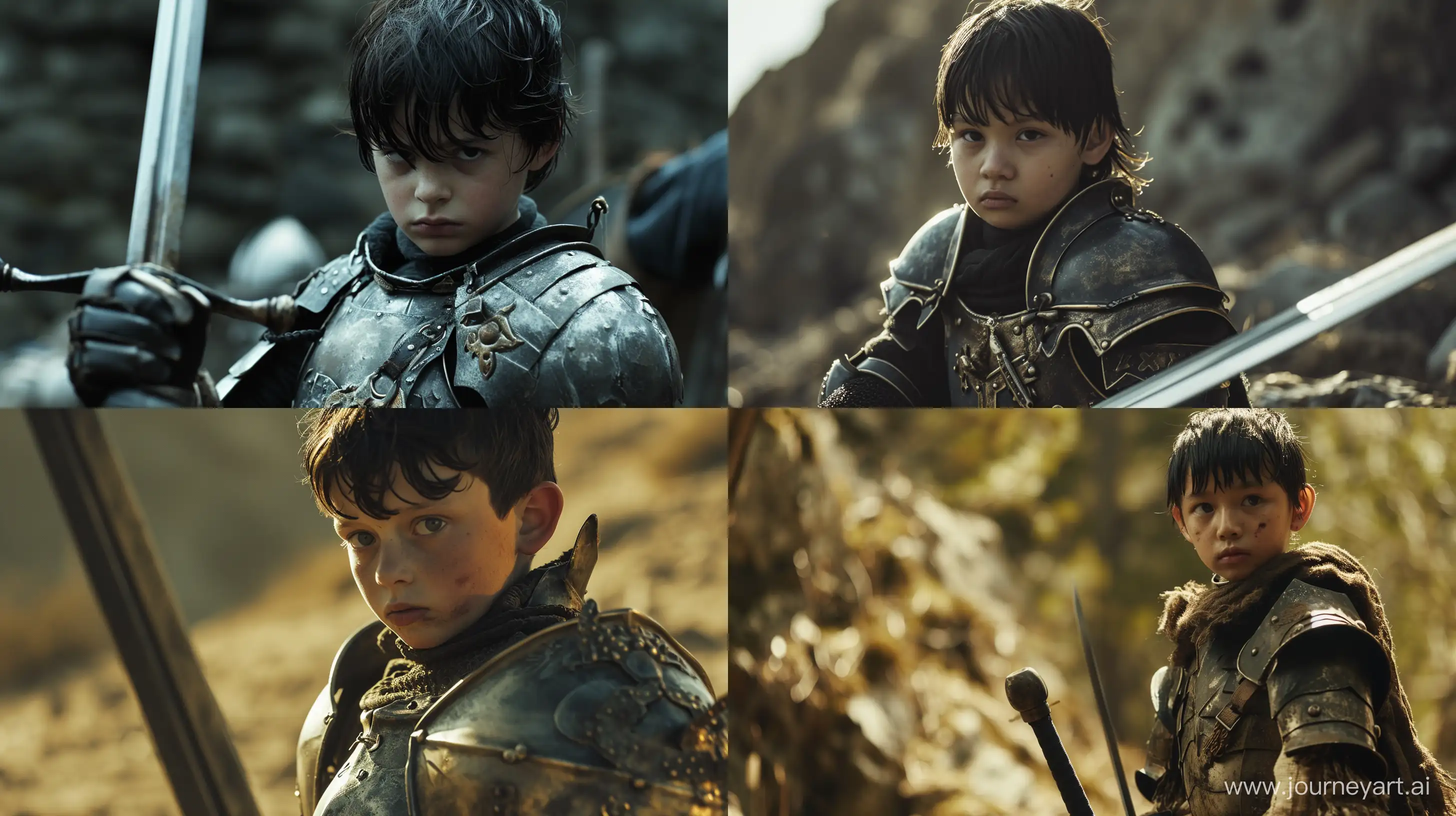 cinematic, jared leto child with griffith armor (beserk manga), stormbringer sword, Long shot (wide shot), ALEXA 65, BL camera, ARRI Signature Prime Lenses, 70mm --ar 16:9 --style raw --v 6 