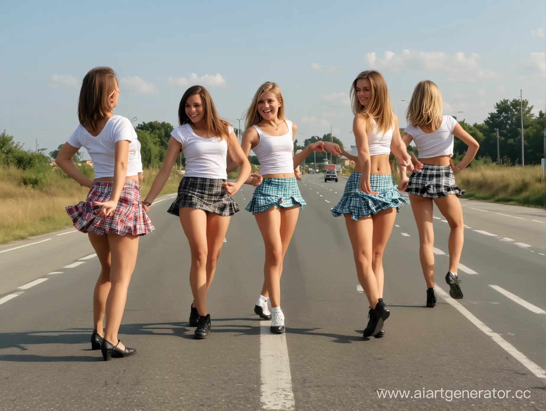 girls in micro skirts dancing on the road