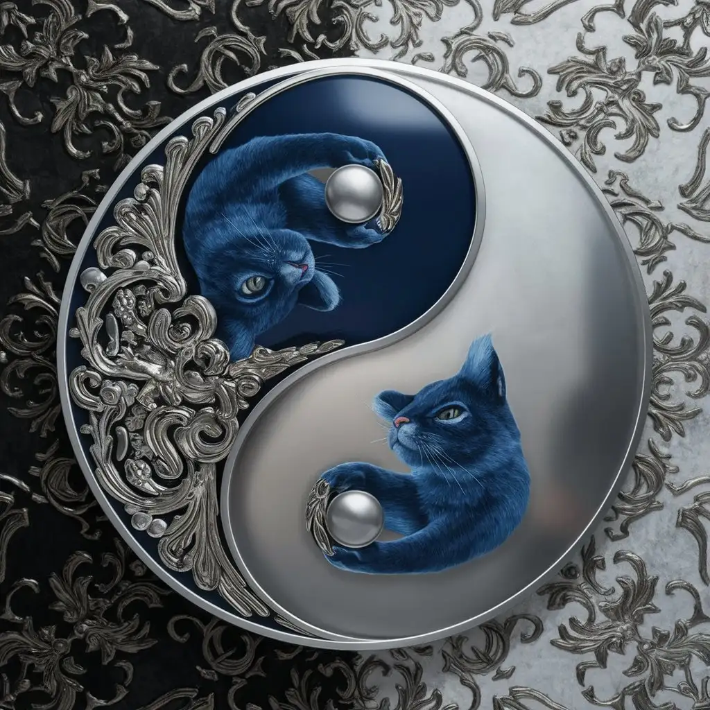 blue and silver yin yang symbol ; blue feline embedded