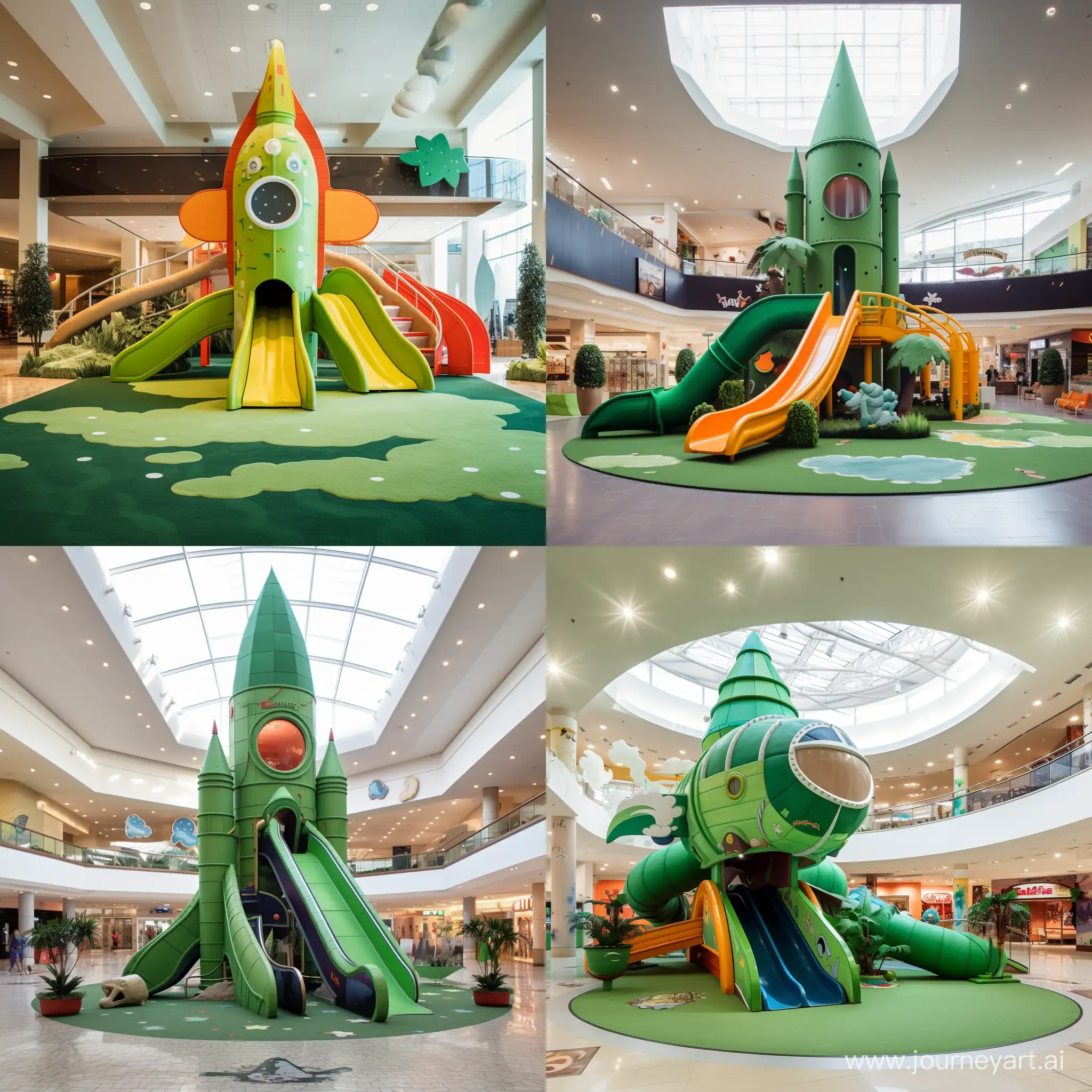 Rocketthemed-Childrens-Play-Area-in-Shopping-Center-with-Green-Slide-and-Clouds