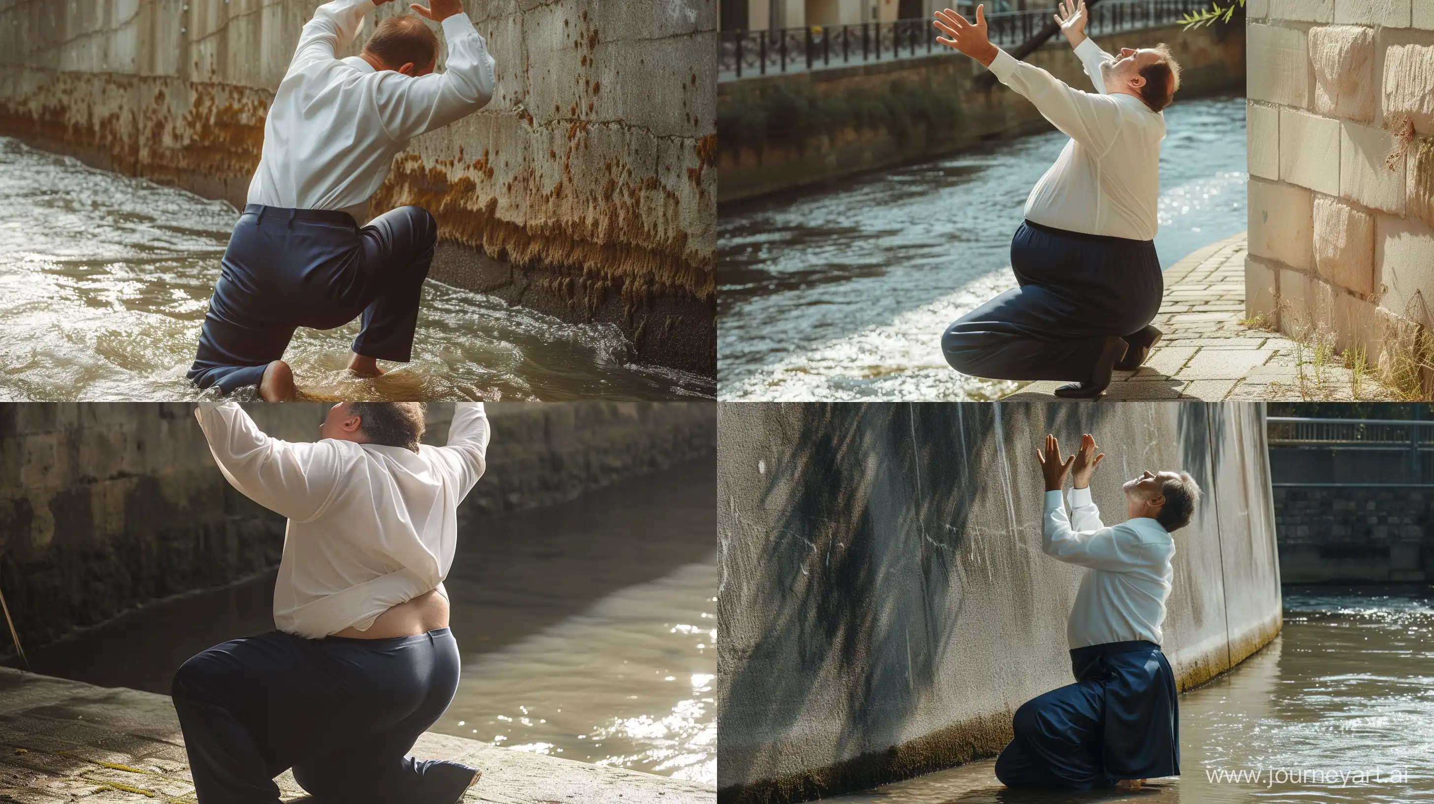 Front view close-up photo centered on the belly of a fat man aged 60 wearing a silk navy business pants and a white shirt kneeling back to a wall with hands in the air. Natural Light. River. --style raw --ar 16:9