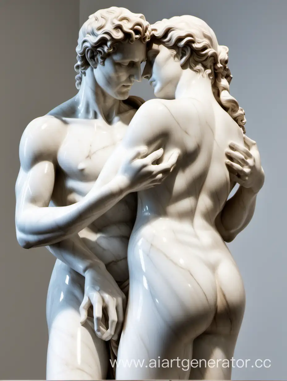 мраморные статуи женщины и мужчины. Мужчина обнимает женщину за талию, а женщина гладит мужчину по голове
