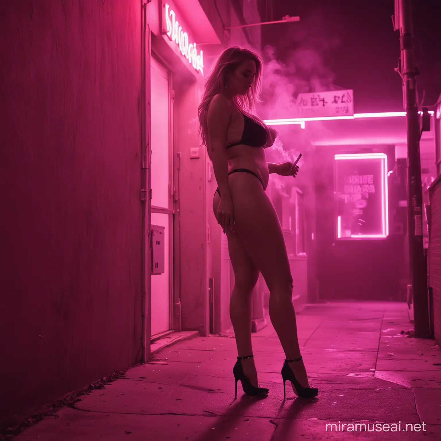 brothel, thick thigh woman wearing bikini and heels walking around smoking cigarette, pink neon low lighting ambience, nighttime ambience,