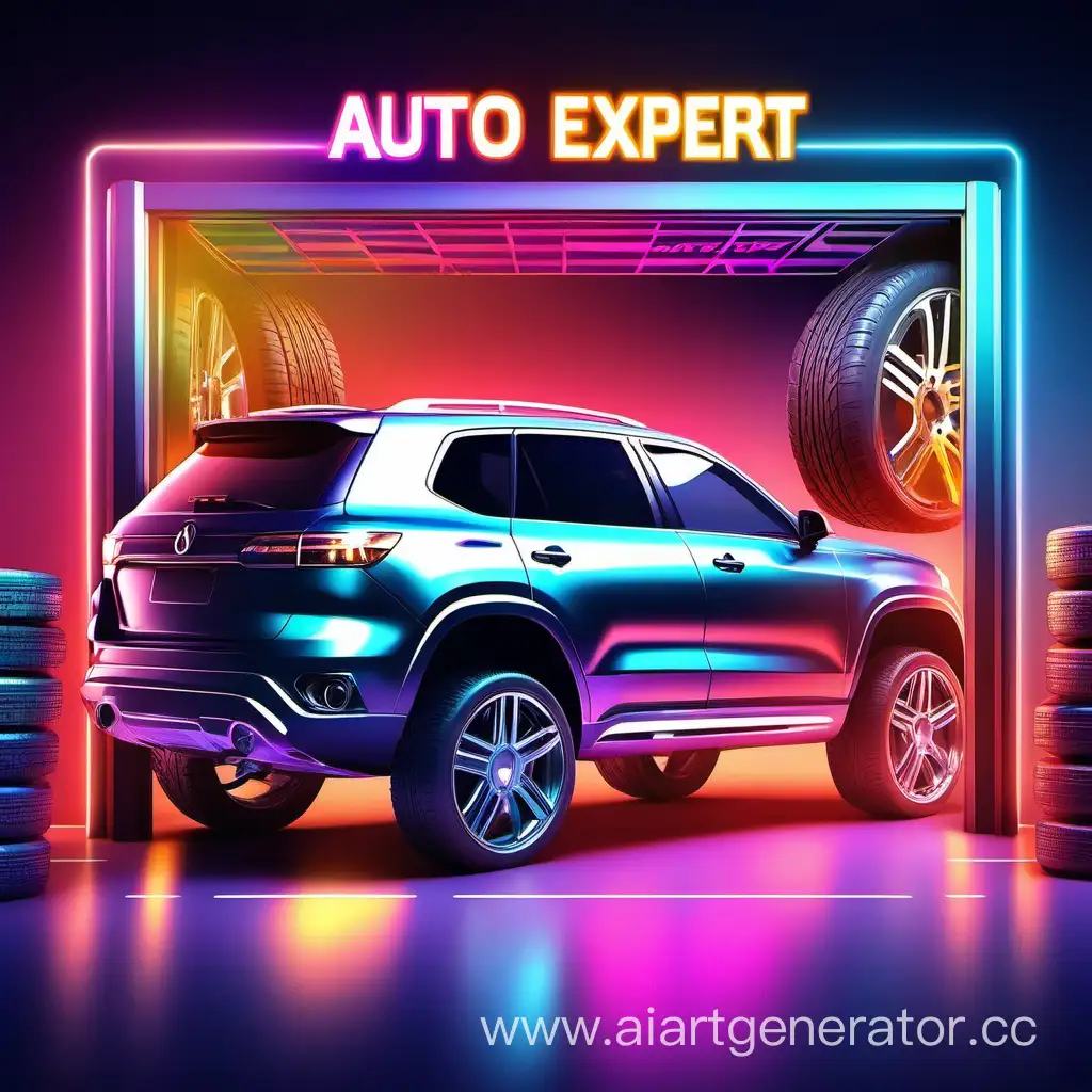 Vibrant-Car-Garage-Lift-with-Holographic-SUV-Auto-Experts-Paradise