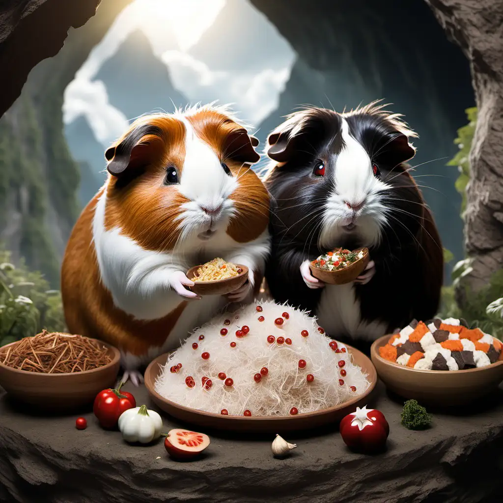 Three magical guinea pigs eating a huge mountain of food. One of the guinea pigs is white with a tuft and red eyes. Another guinea pig is a long haired guinea pig that is completely grey in color. The third guinea pig is fat, has reddish brown colored body and dark brown hair on its head. Done in a fantasy theme. The guinea pigs are also wizards
