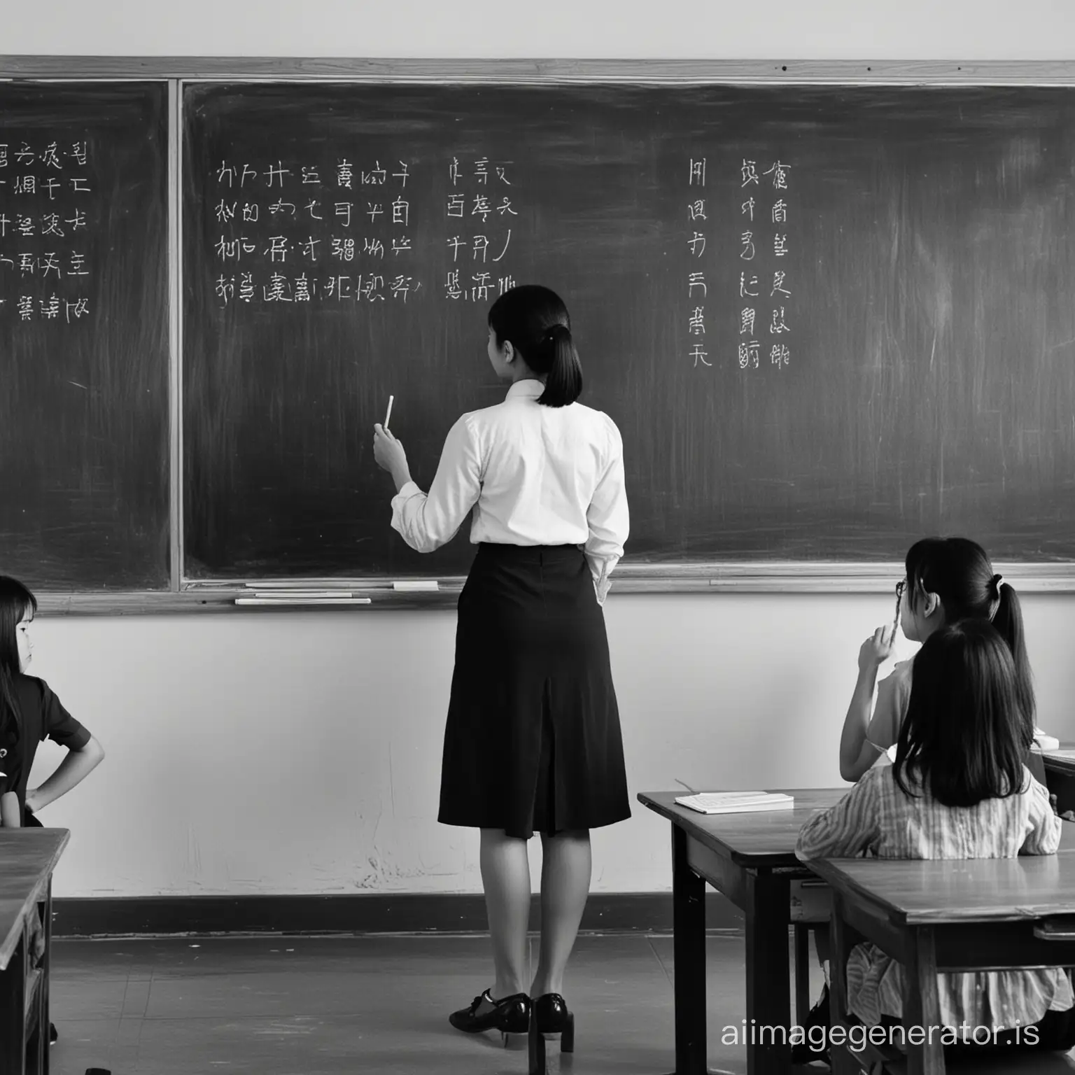 Classroom, the female teacher stands at the podium, with her back to the camera, only showing her silhouette. She holds a white chalk in her right hand and writes on the blackboard, while her left hand naturally hangs down. Several elementary school students are sitting in the classroom, looking at the blackboard, listening to the teacher's lecture. There are several Chinese characters on the blackboard. The blackboard, teacher, and students should maintain perspective relationships.