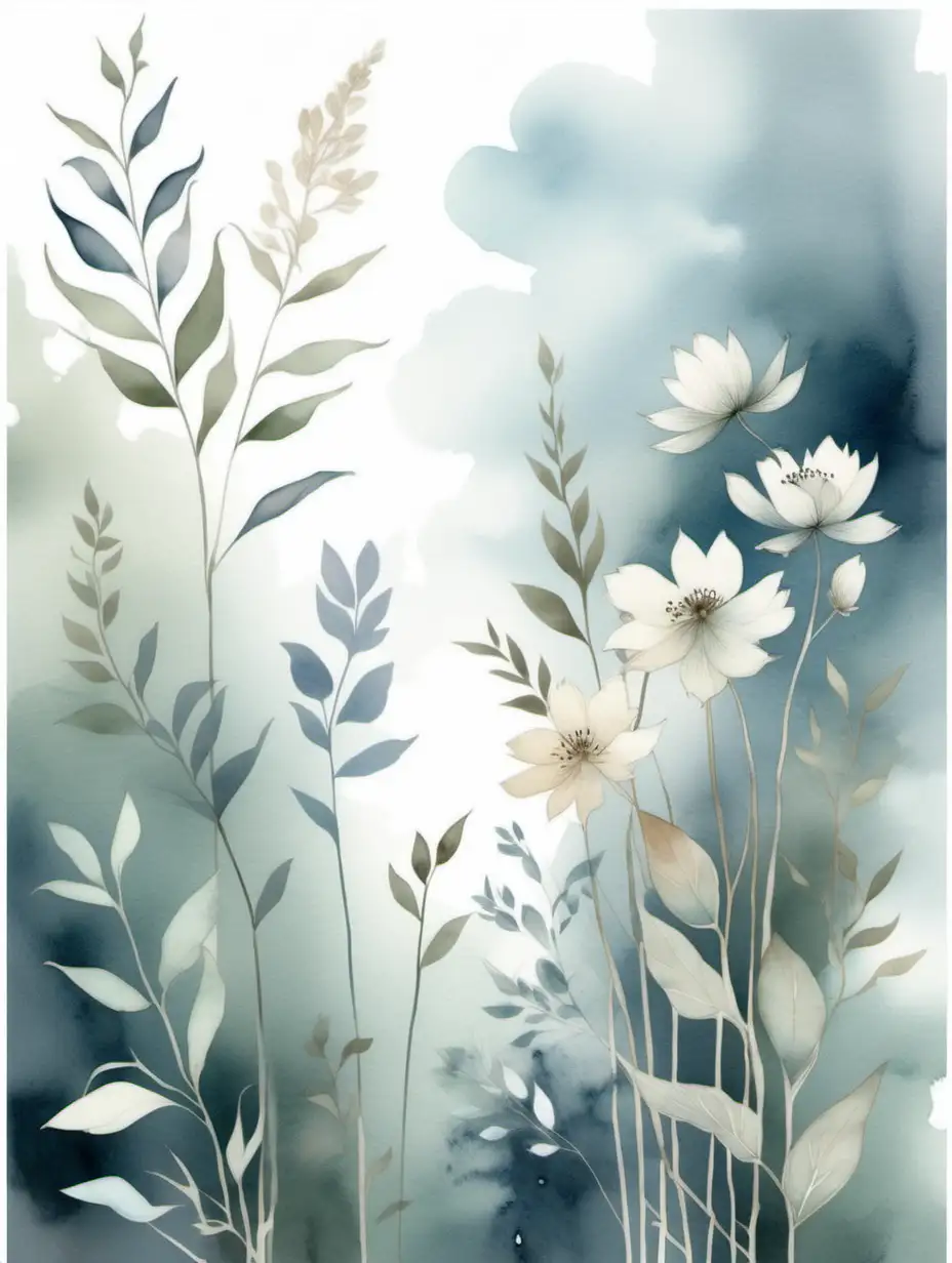 a serene and nature-inspired art print that captures the essence of tranquility and introspection. The piece features delicate watercolor depictions of blooming flowers and softly swaying leaves, creating a dreamy and ethereal atmosphere. The muted color palette, including soft blues, greens, and MOODY tones, harmonizes with the moody modern vintage