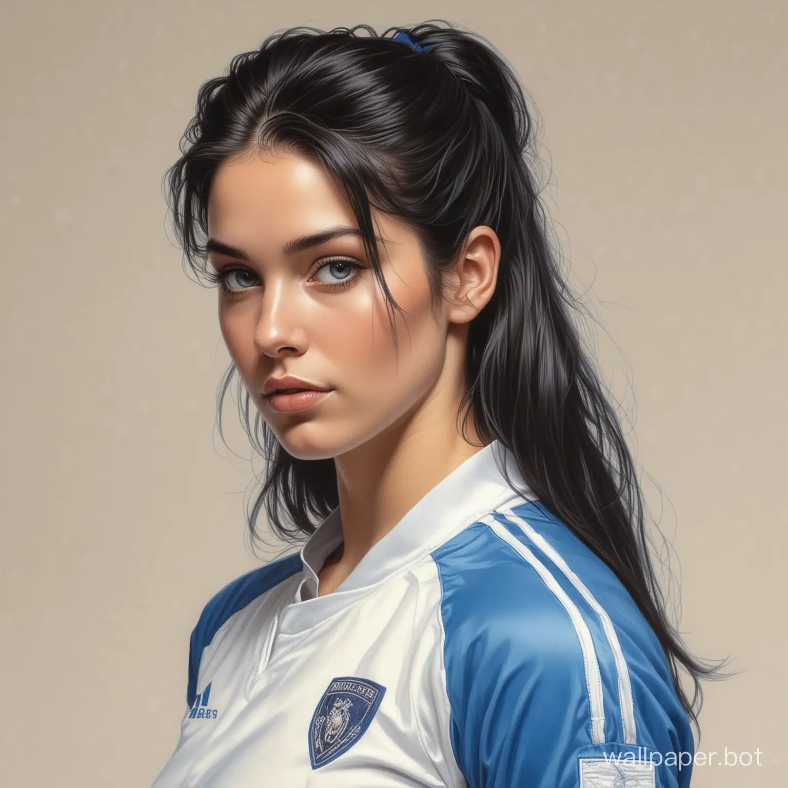 sketch young Brook Shields 18 years old black long hair 5 breast size narrow waist In white-blue soccer uniform white background high realism drawing with liner portrait in profile Boris Vallejo style