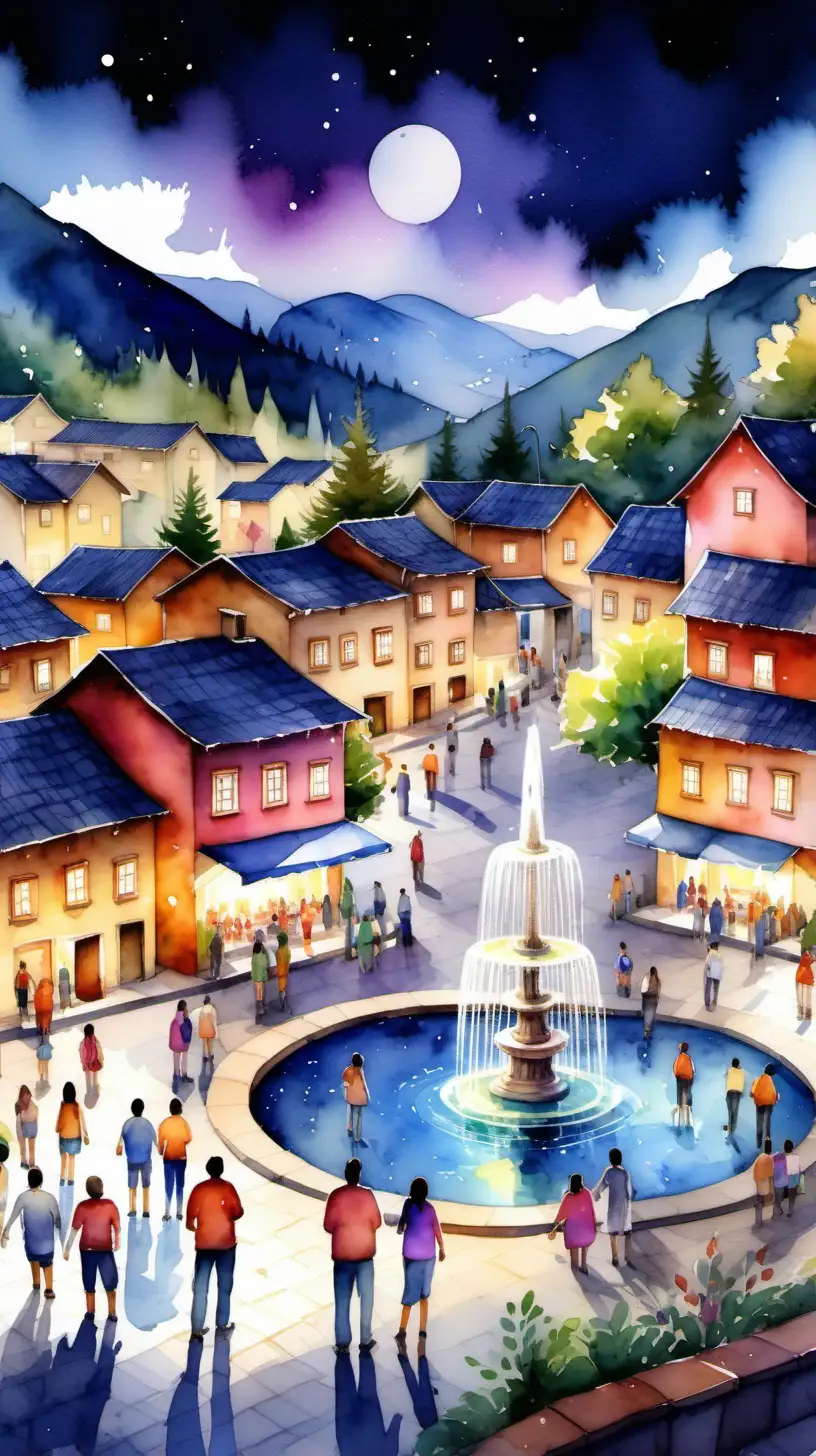 very detailed image of a village, beautiful village in the mountains, use watercolor style, bright vibrant colors, night time, people gathering in plaza, fountain in the middle, gril talking