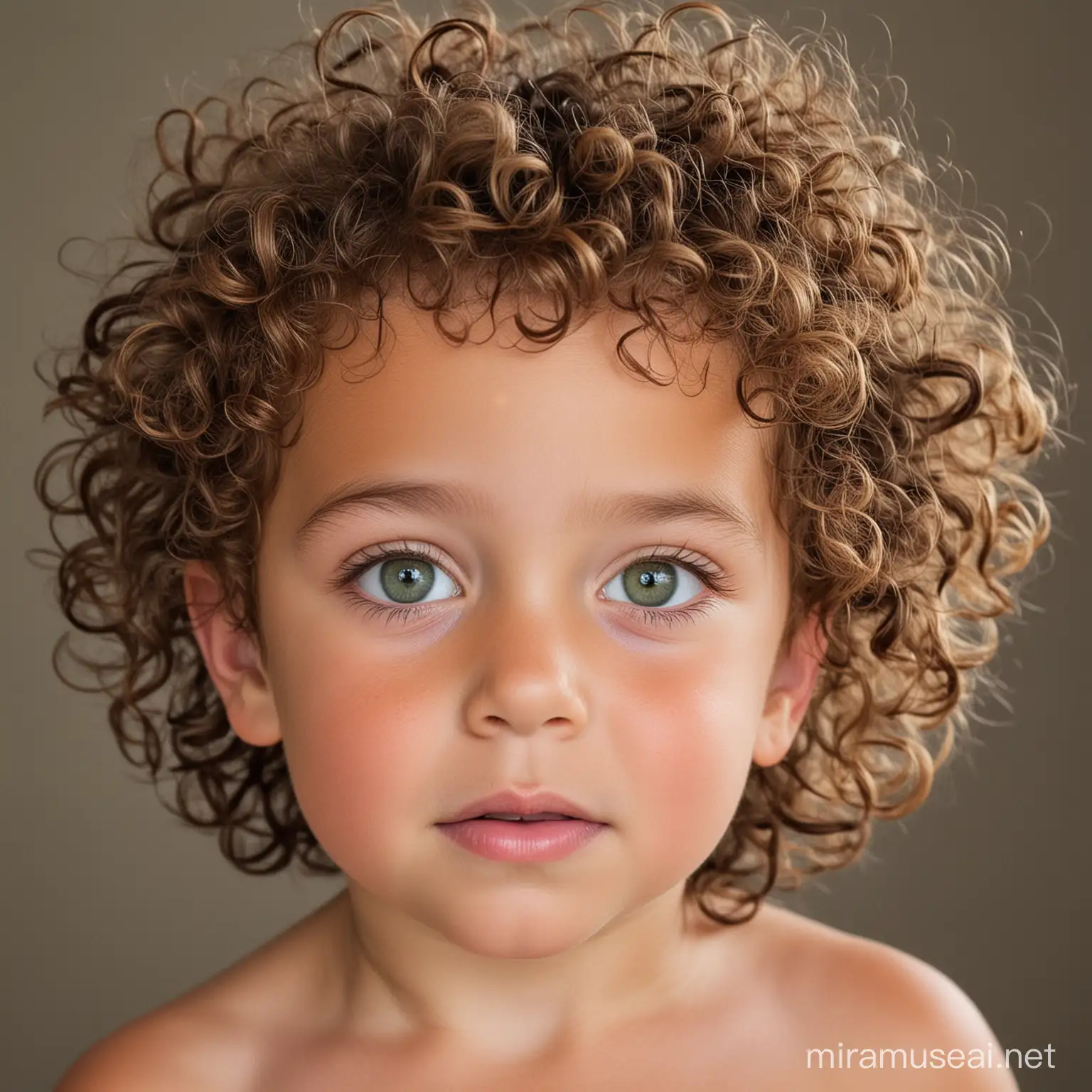 A 2 year old boy with green eyes curly hair and lightly tan skin
