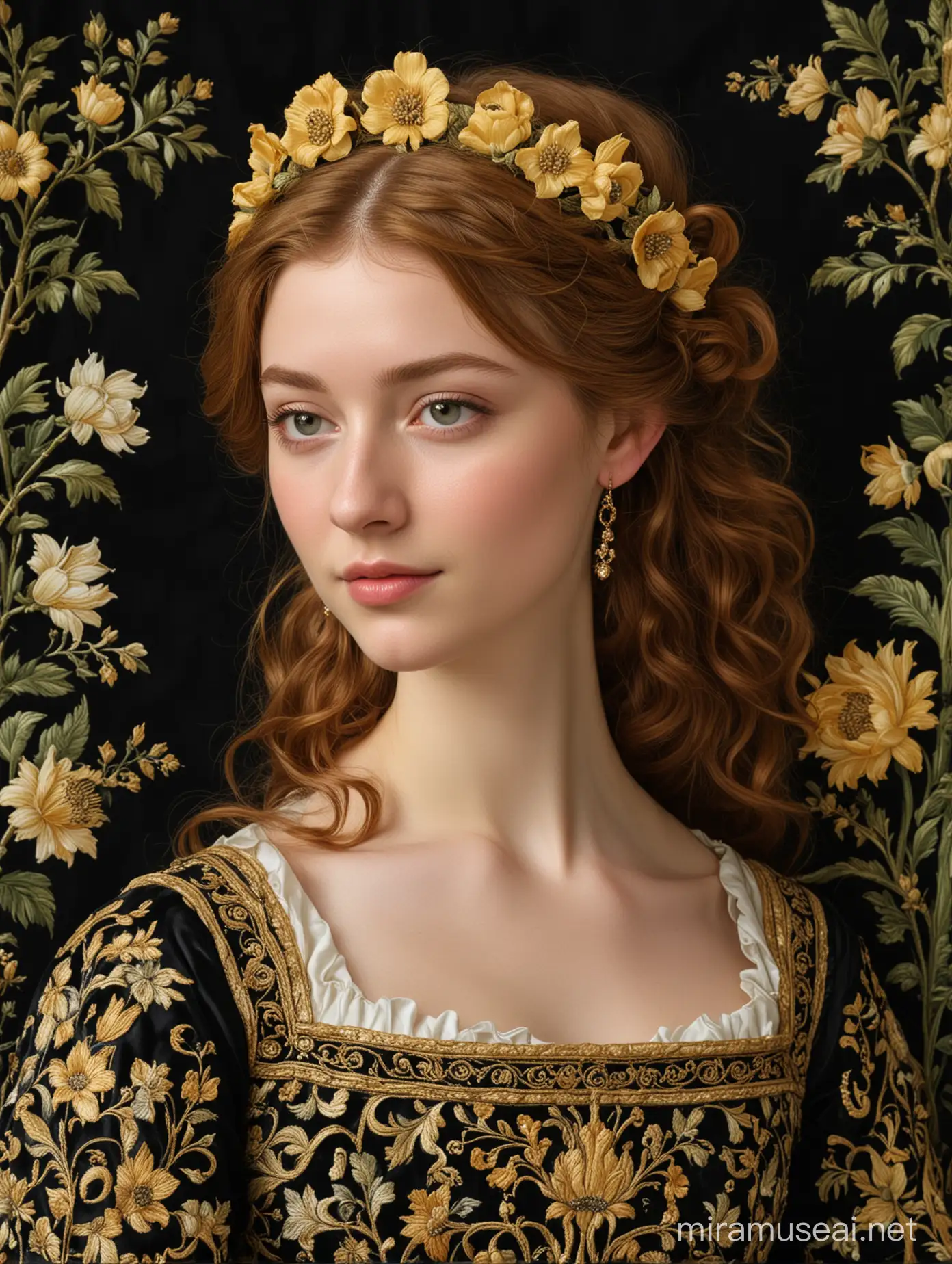 n the style of Botticelli Primavera, a beautiful young woman wearing a 16th century black and gold gown with ornamental embroidery