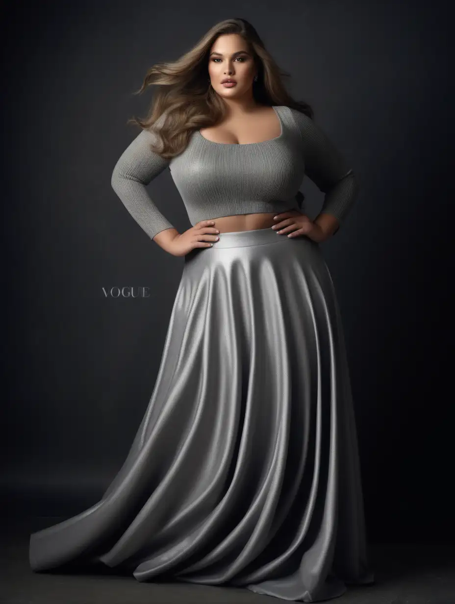 Stylish Plus Size Latina Model in Luxury Metallic Silver Gown