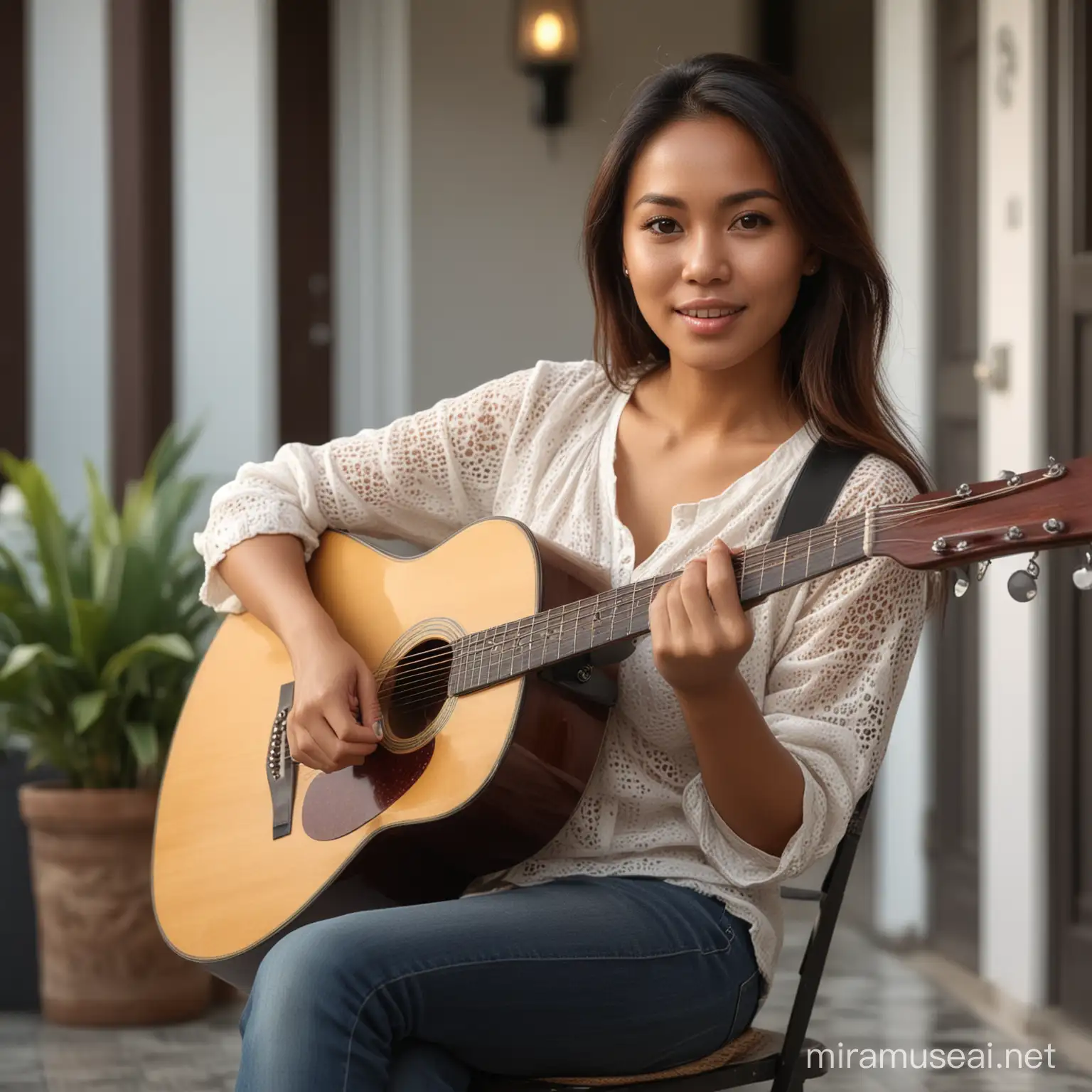 sebuah foto realistis seorang wanita cantik asal Indonesia usia 30 tahun, wajah bulat , duduk di kursi di depan teras rumah, memainkan sebuah gitar, suasana siang hari, cahaya cukup terang, sangat nyata, full hd, fokus tajam tanpa cacat,