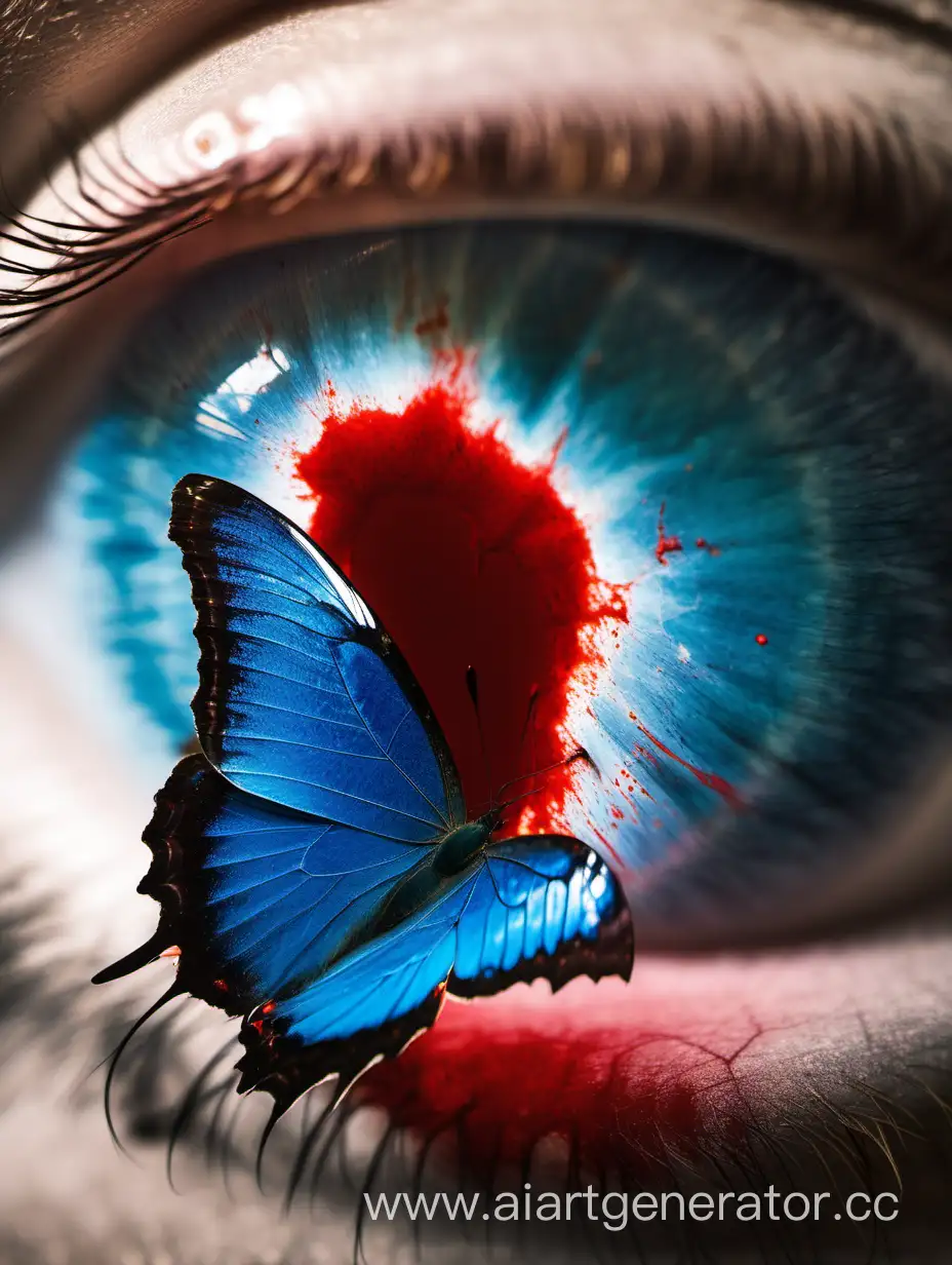 A bloody-red solar eclipse reflected in the eye of a blue butterfly.