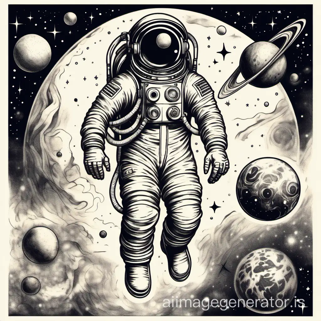 sketch of a black and white tattoo, full-length astronaut in space, detailed drawing, USSR, against the background of planets